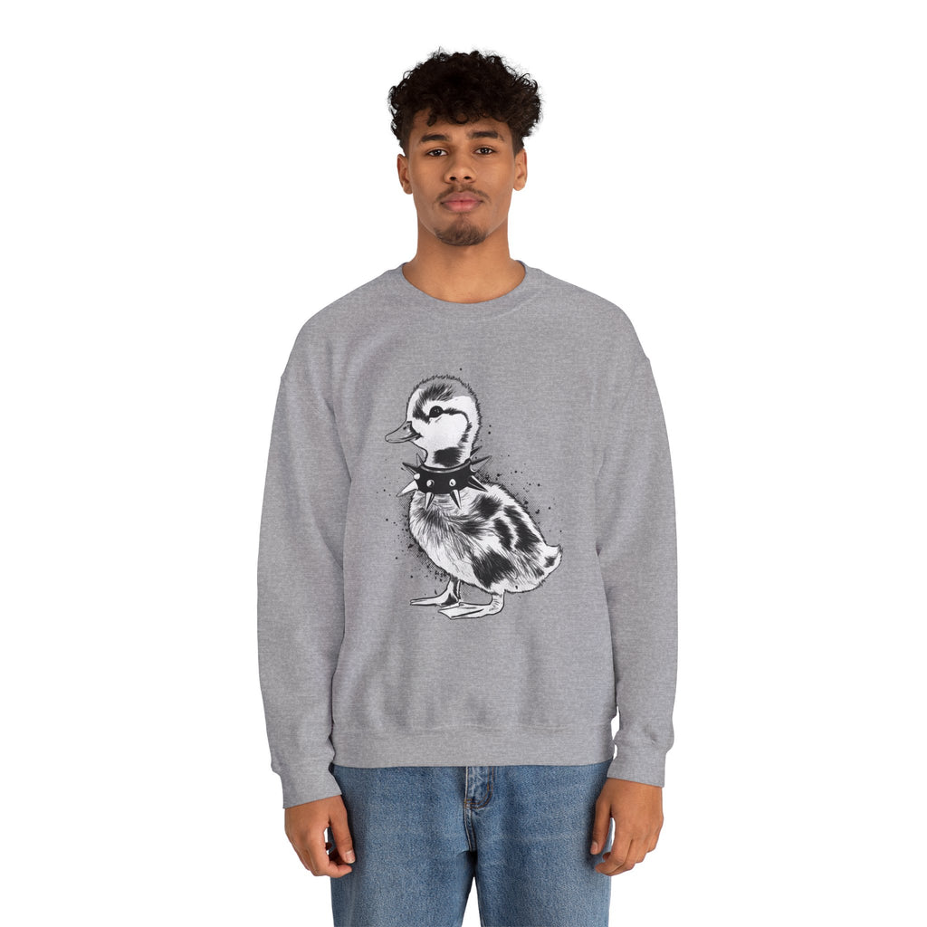 Punk Duckling Sketch Crewneck Sweatshirt — 80s Punk Rock Black & White Duck Illustration