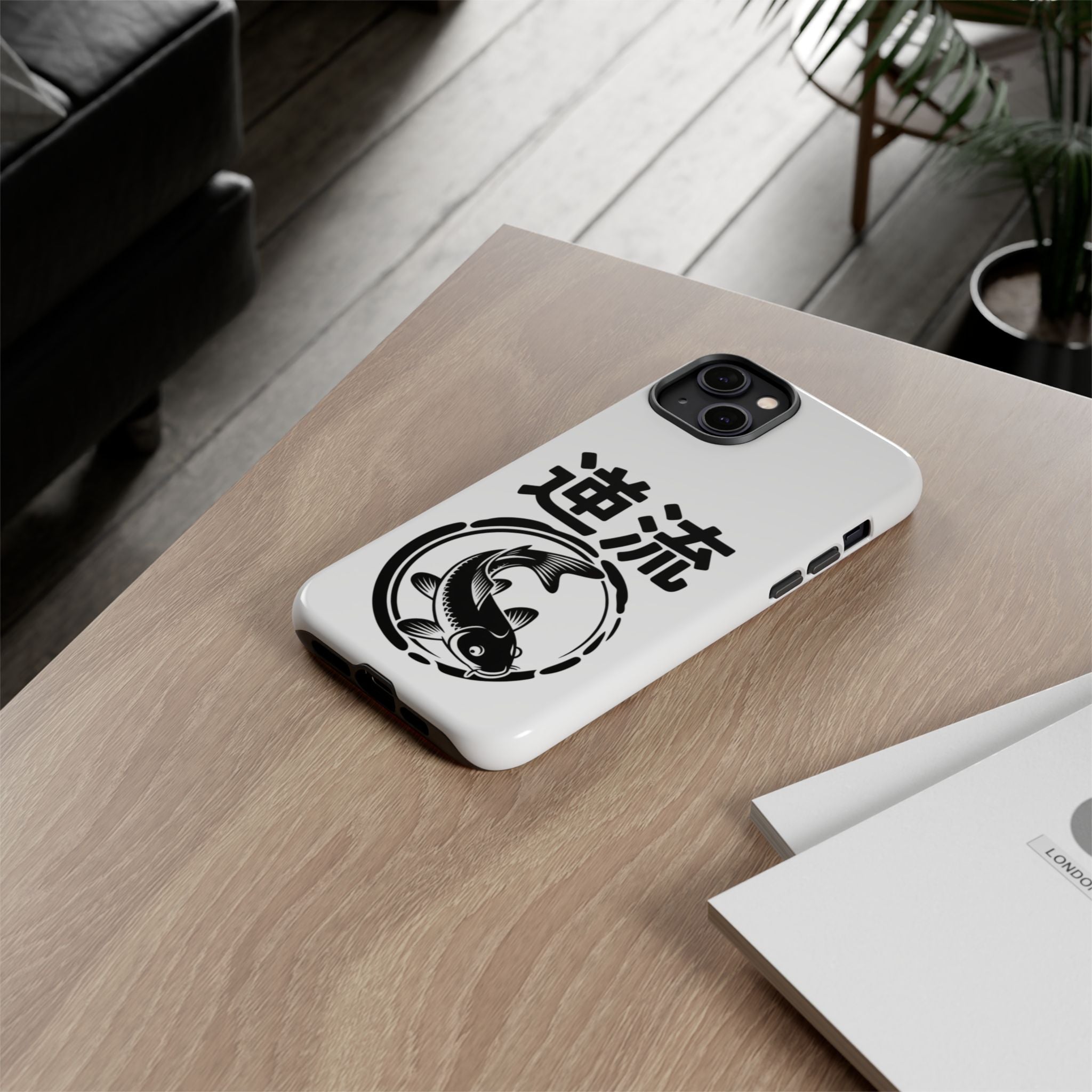 Phone Case — Koi Fish Yin Yang with Japanese Kanji (逆流) — Tough Protective Cover 80s Design