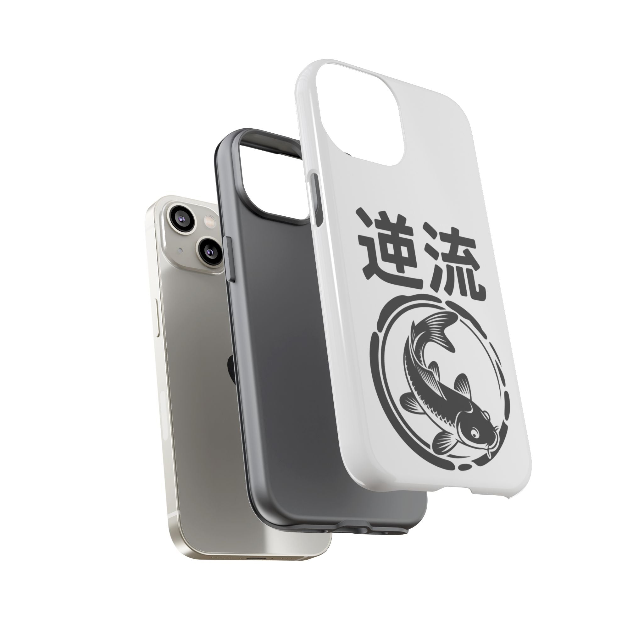 Phone Case — Koi Fish Yin Yang with Japanese Kanji (逆流) — Tough Protective Cover 80s Design
