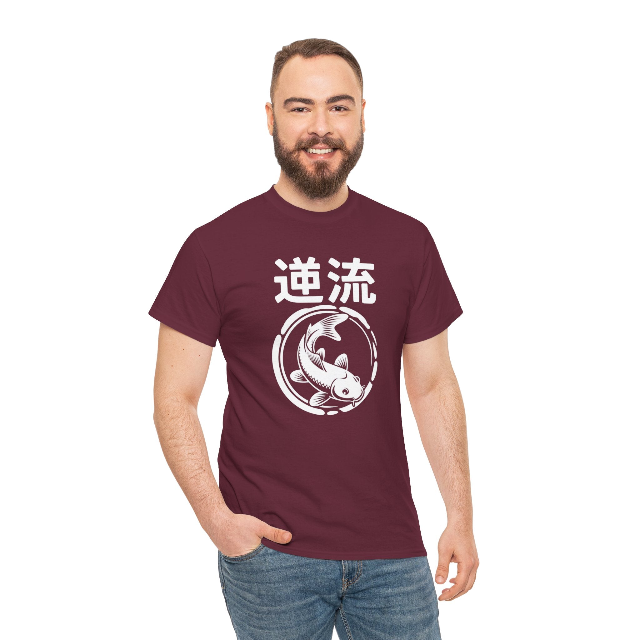 Koi Reverse Flow Tee — Japanese Kanji 逆流 Fish Graphic T-Shirt Retro Style