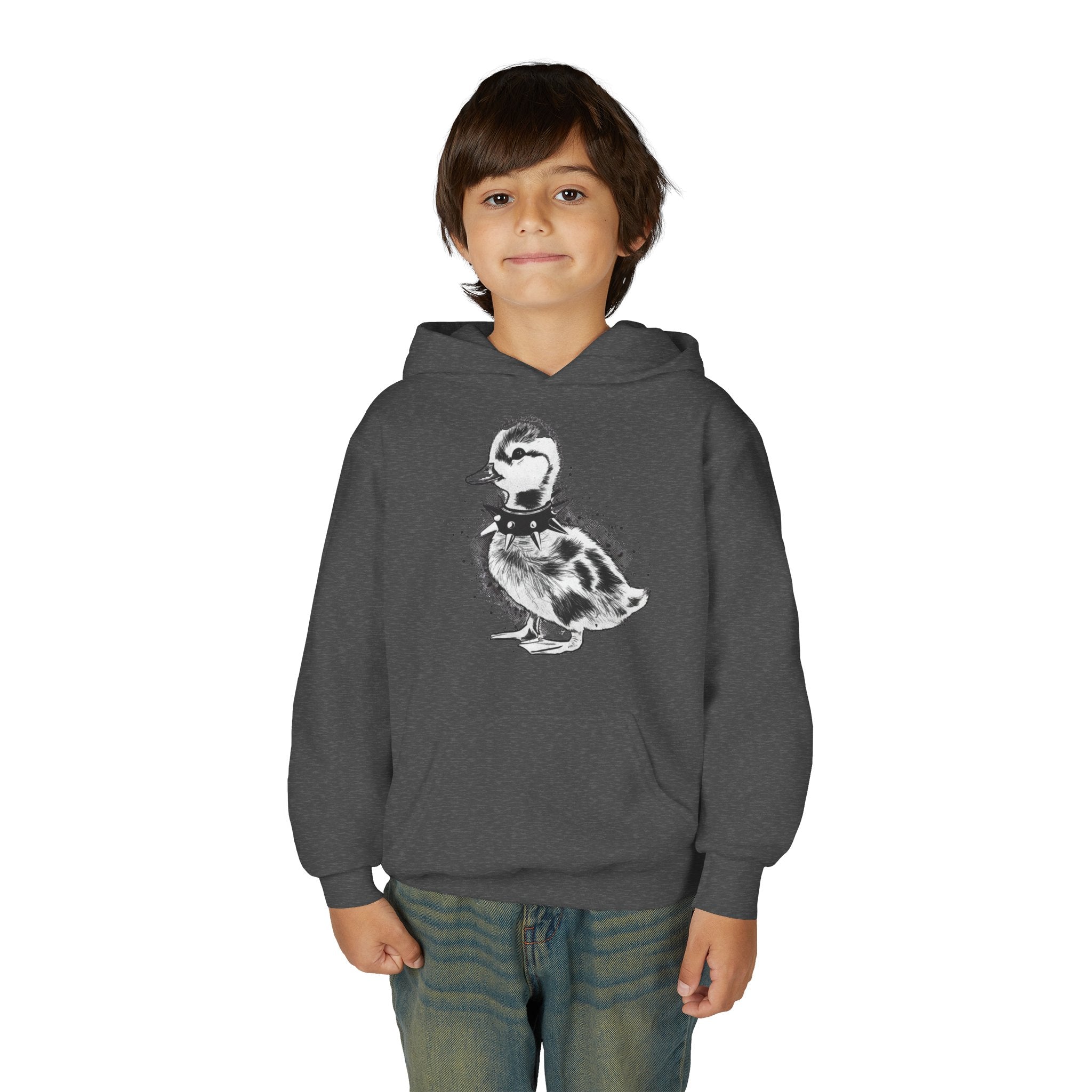 Youth Hoodie with Punk Duckling Illustration — Vintage 80s Punk Baby Duck Graphic Sweatshirt