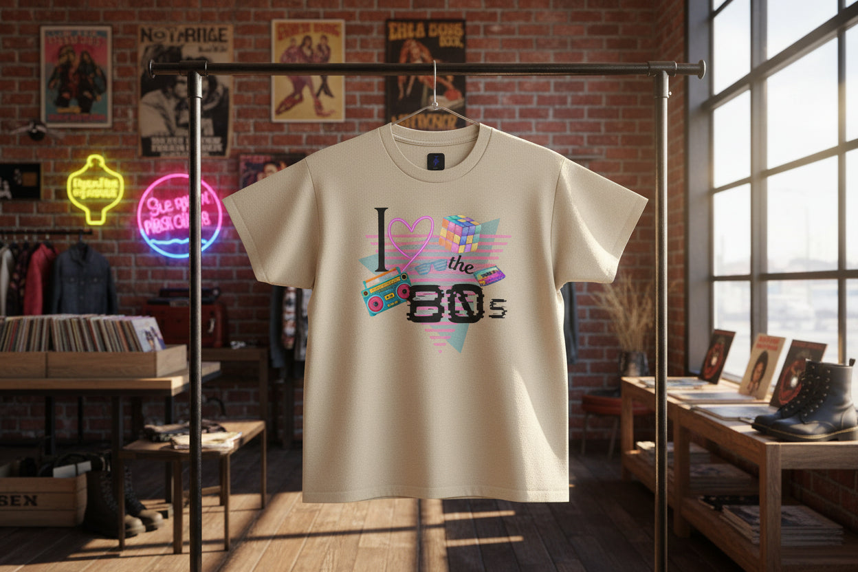 I Love the 80s T-Shirt — Retro Cassette, Rubik’s Cube & Neon Vintage Tee
