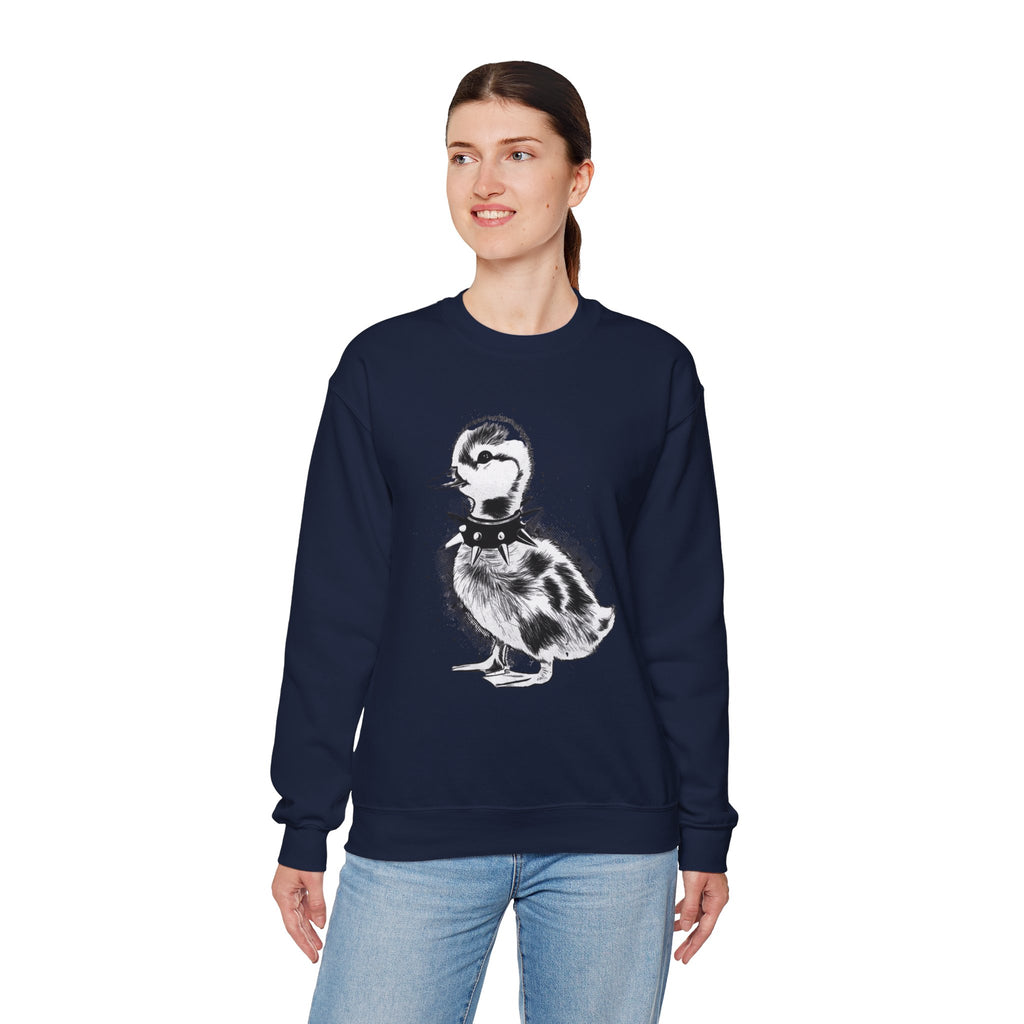 Punk Duckling Sketch Crewneck Sweatshirt — 80s Punk Rock Black & White Duck Illustration