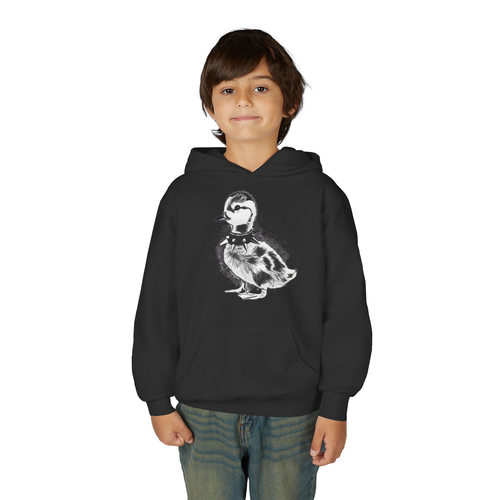 Youth Hoodie with Punk Duckling Illustration — Vintage 80s Punk Baby Duck Graphic Sweatshirt