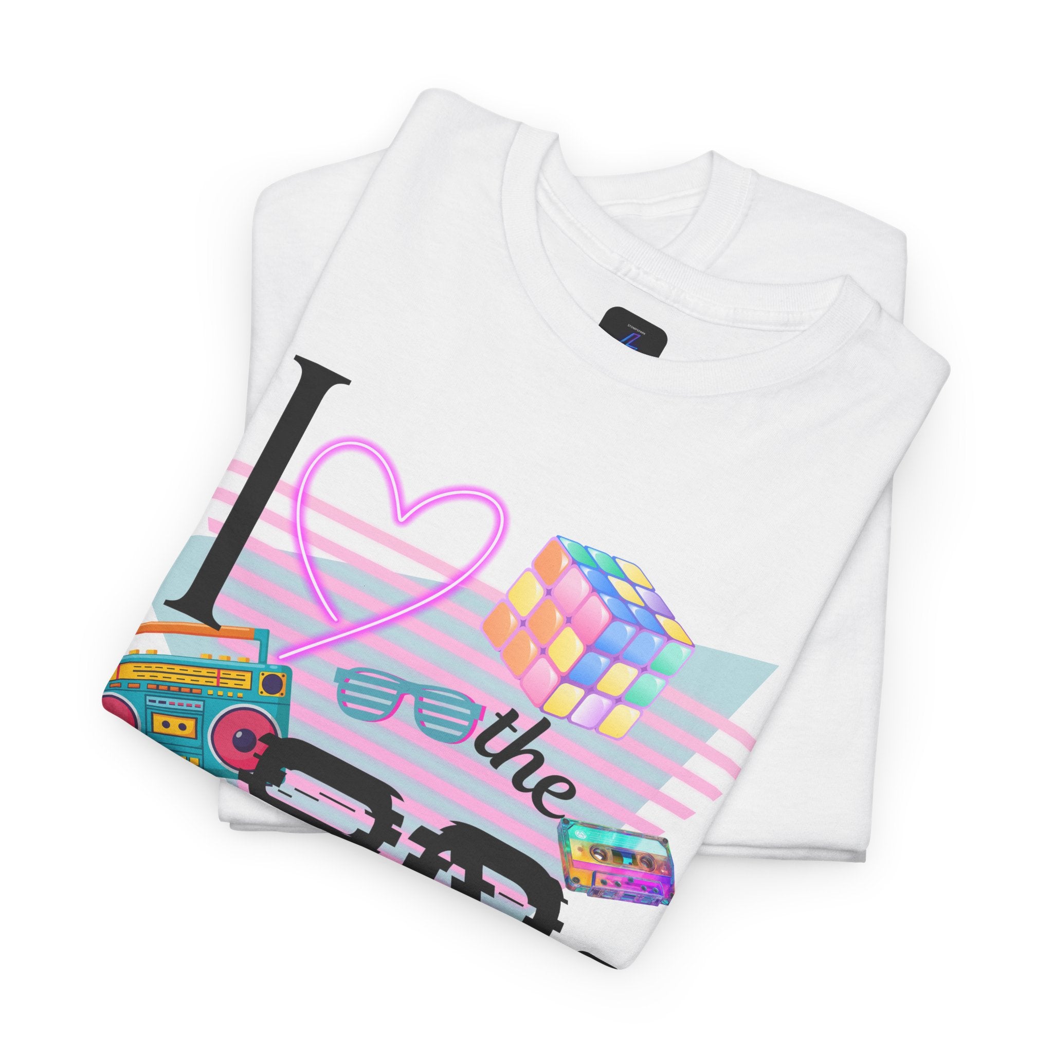 I Love the 80s T-Shirt — Retro Cassette, Rubik’s Cube & Neon Vintage Tee