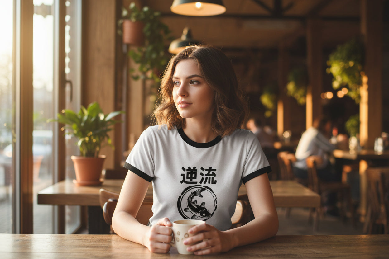 Women's Ringer Tee — Koi Fish '逆流' Retro Japanese Graphic
