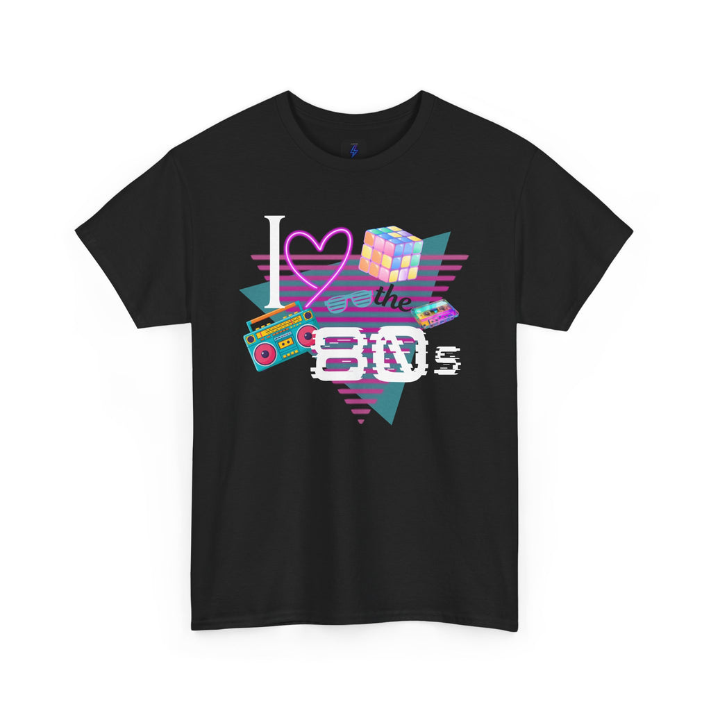 I Love the 80s T-Shirt — Retro Cassette, Rubik’s Cube & Neon Vintage Tee