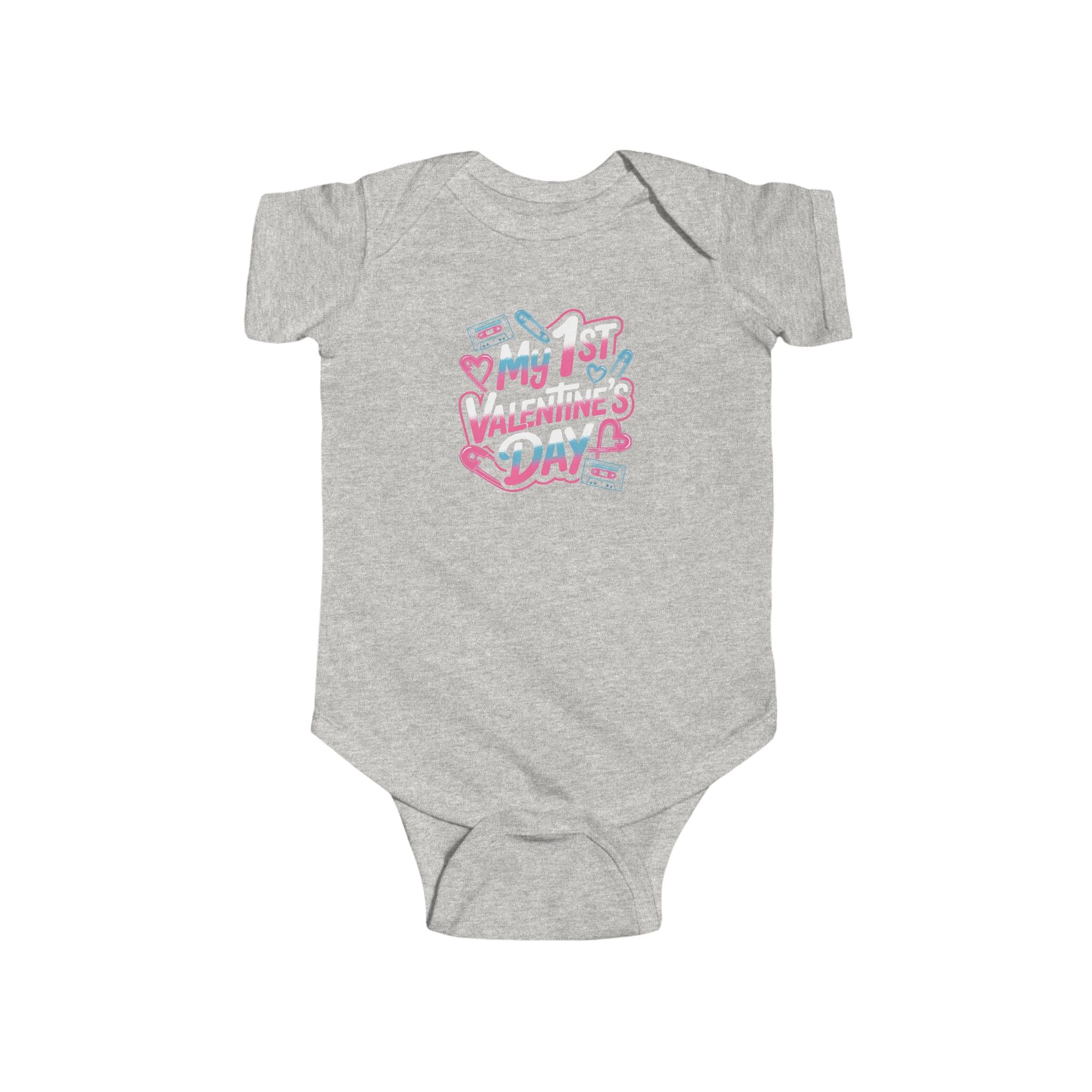 Baby Bodysuit - "My 1st Valentine’s Day" Infant Onesie, Cute Pink & Teal Heart Design for Newborns 80s Design