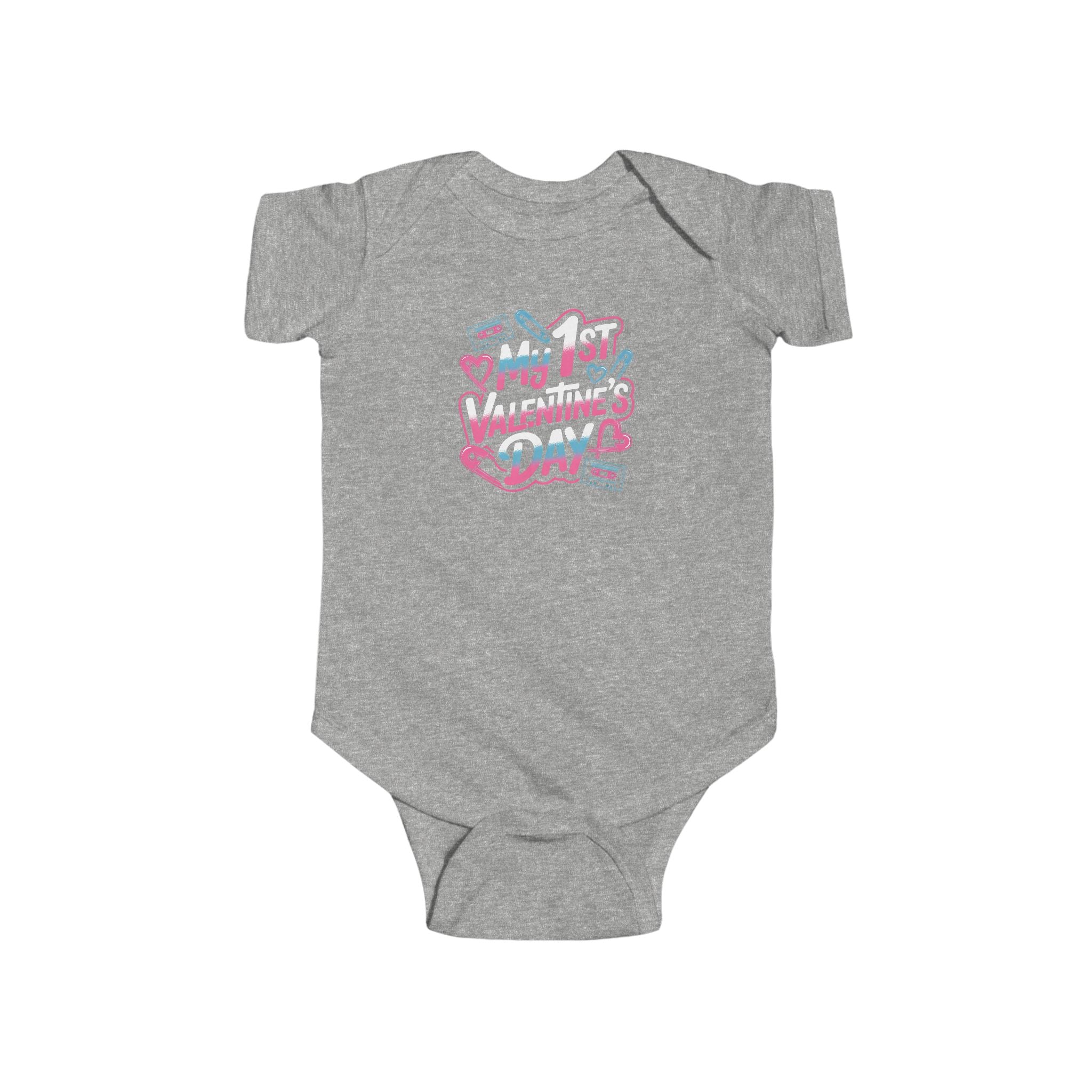 Baby Bodysuit - "My 1st Valentine’s Day" Infant Onesie, Cute Pink & Teal Heart Design for Newborns 80s Design