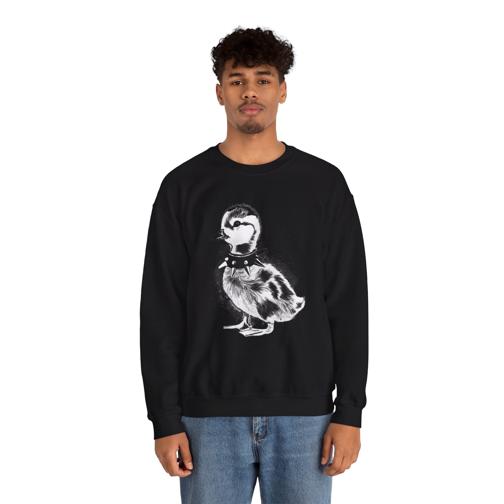 Punk Duckling Sketch Crewneck Sweatshirt — 80s Punk Rock Black & White Duck Illustration