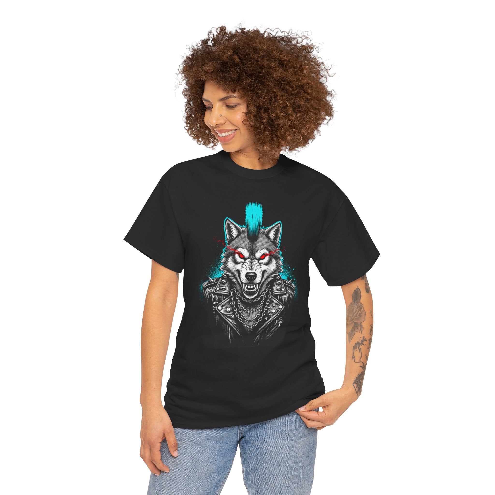Wolf Punk Graphic Tee — Fierce Tribal Wolf Illustration T-Shirt 80's Rebel Fashion