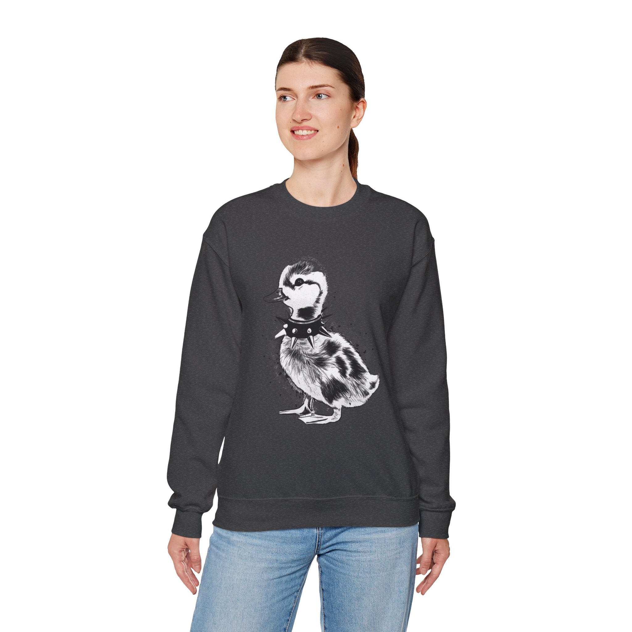 Punk Duckling Sketch Crewneck Sweatshirt — 80s Punk Rock Black & White Duck Illustration