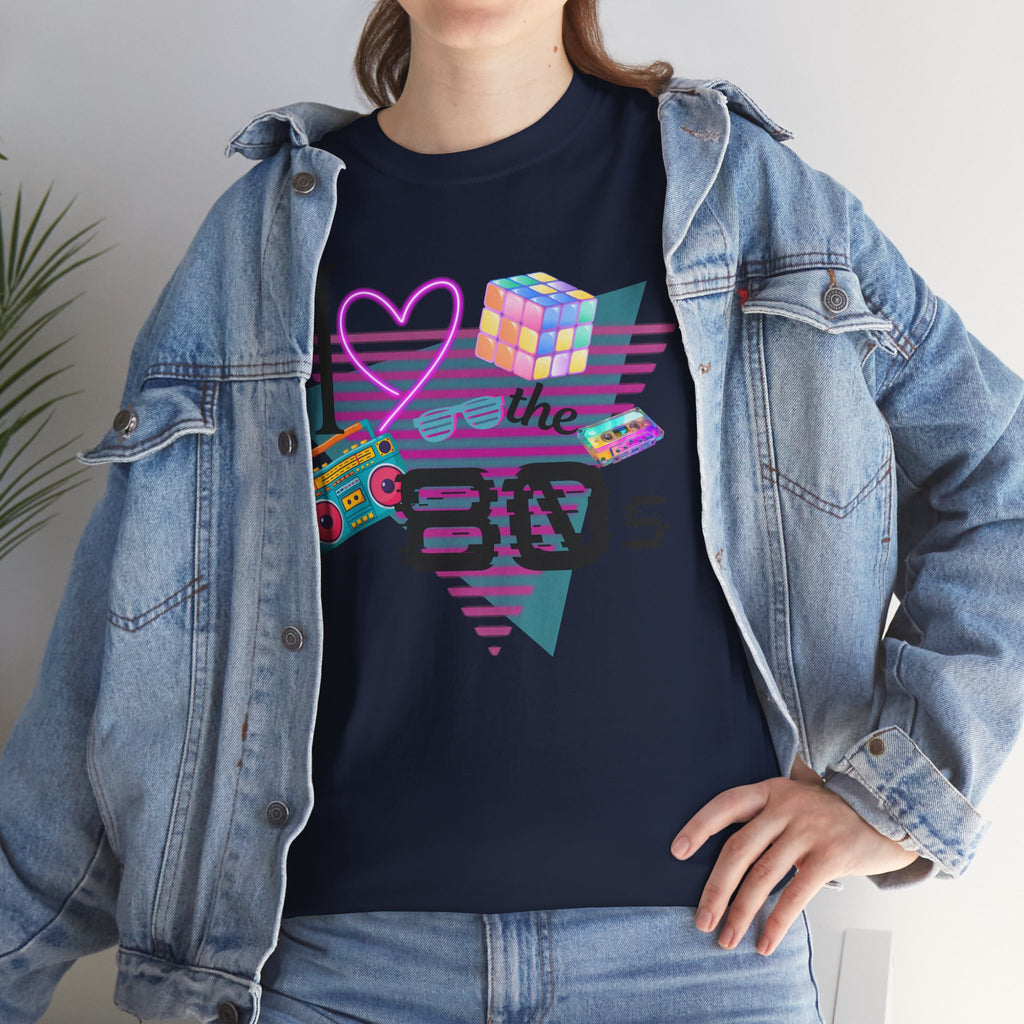 I Love the 80s T-Shirt — Retro Cassette, Rubik’s Cube & Neon Vintage Tee