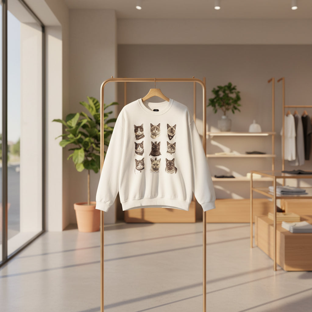 Vintage Cat Faces Crewneck Sweatshirt — Retro Cat Portraits Pullover