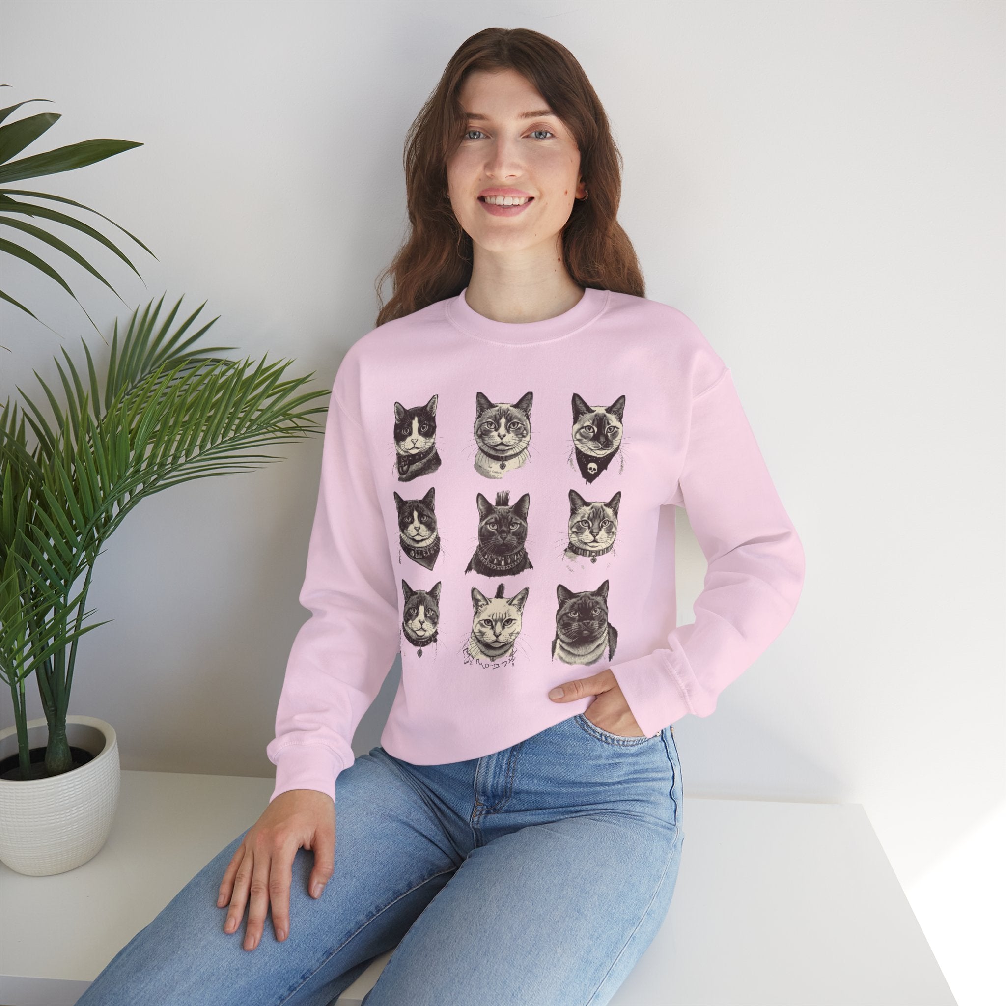 Vintage Cat Faces Crewneck Sweatshirt — Retro Cat Portraits Pullover