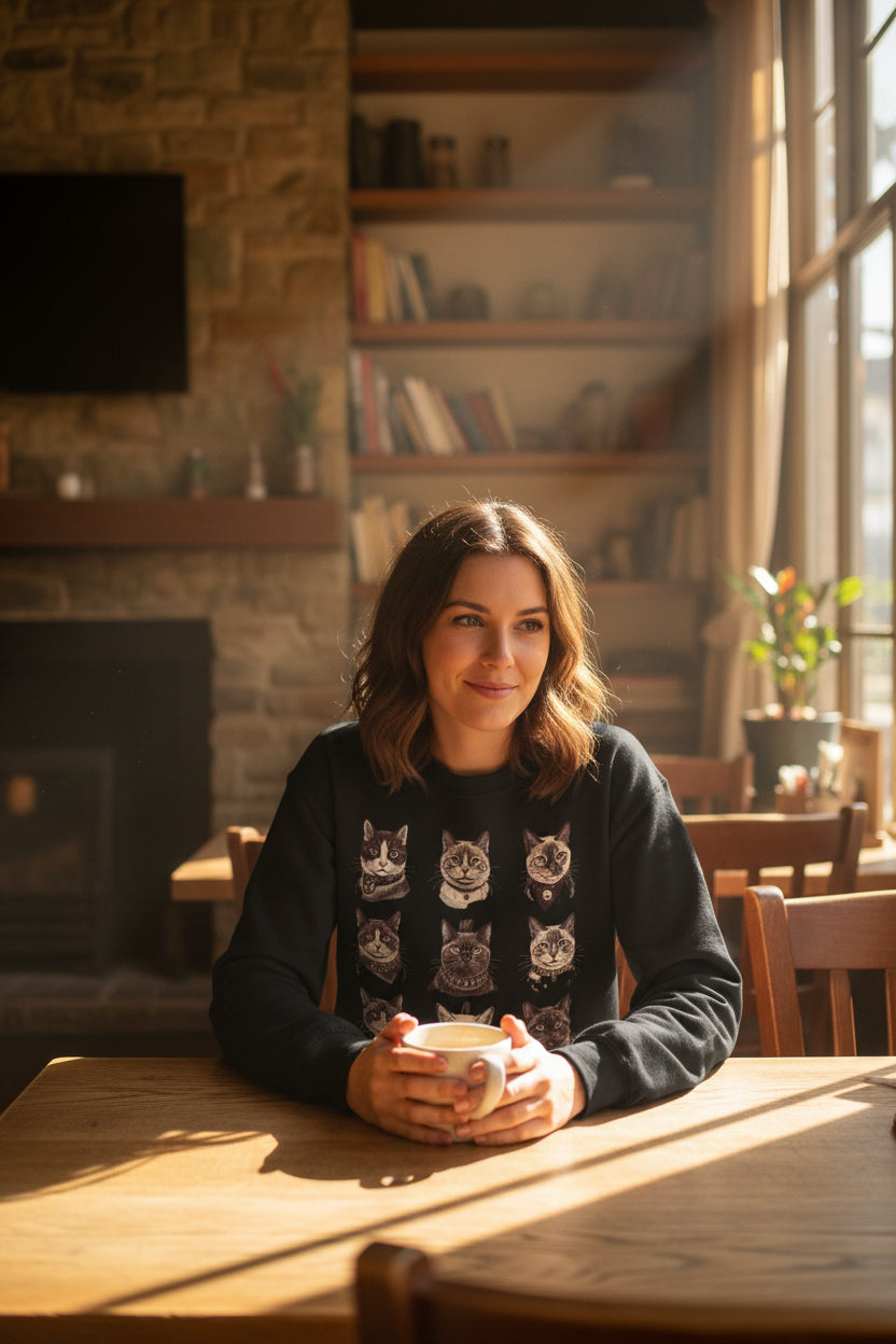 Vintage Cat Faces Crewneck Sweatshirt — Retro Cat Portraits Pullover