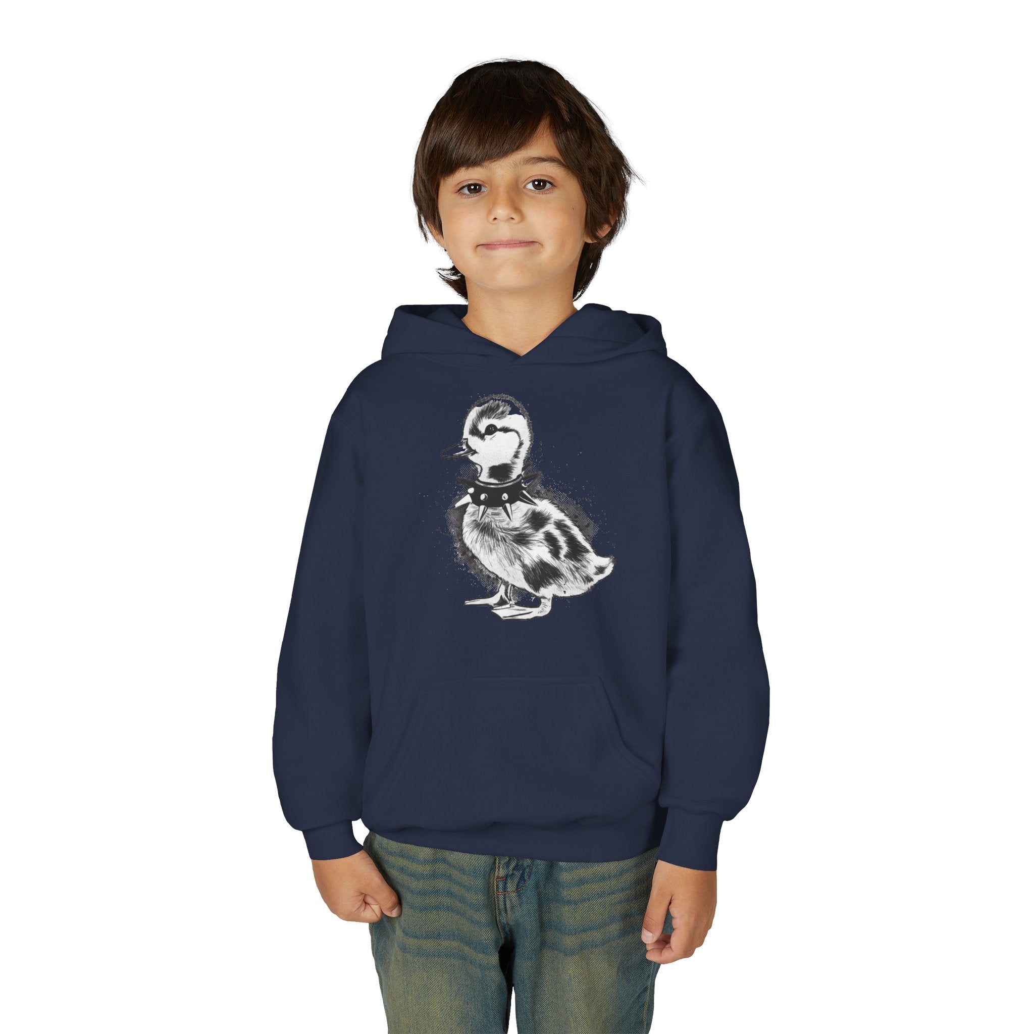 Youth Hoodie with Punk Duckling Illustration — Vintage 80s Punk Baby Duck Graphic Sweatshirt