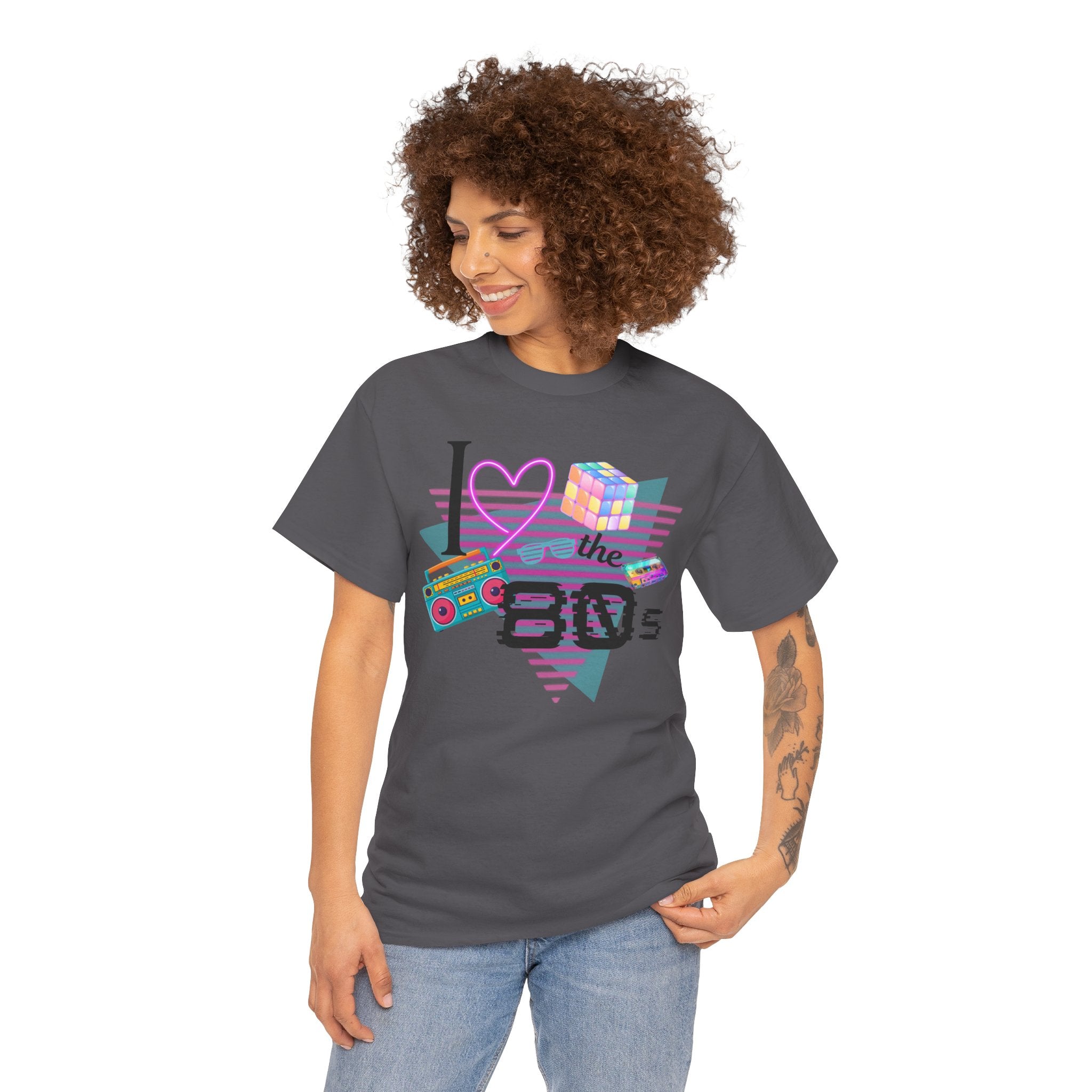 I Love the 80s T-Shirt — Retro Cassette, Rubik’s Cube & Neon Vintage Tee