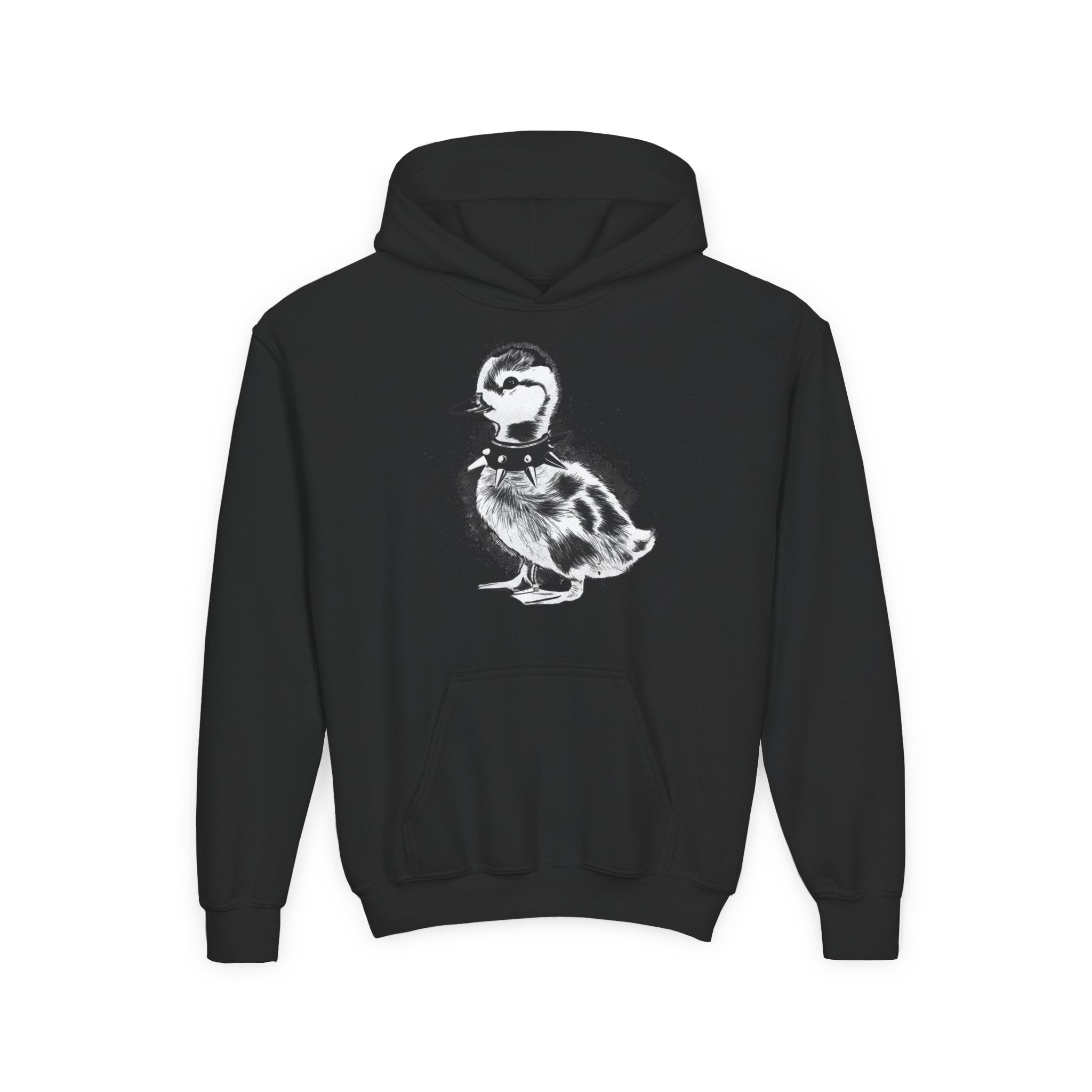 Youth Hoodie with Punk Duckling Illustration — Vintage 80s Punk Baby Duck Graphic Sweatshirt