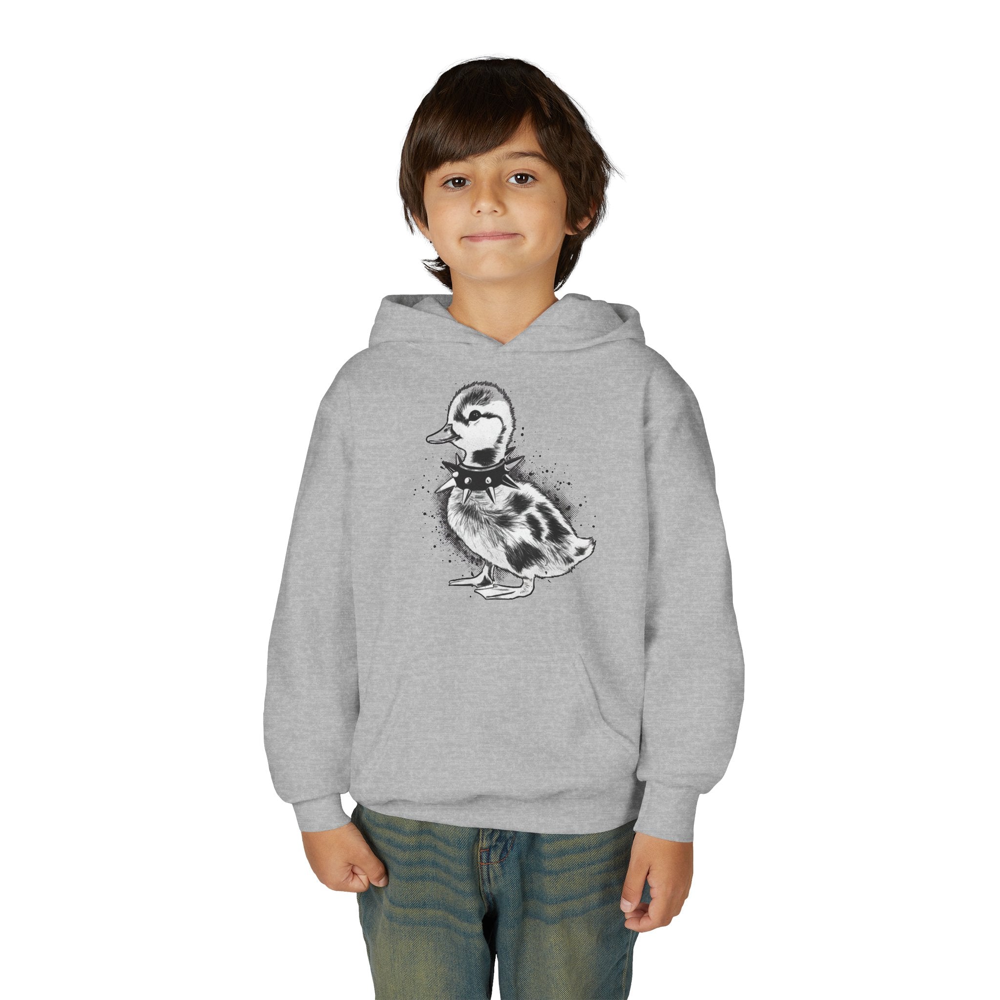 Youth Hoodie with Punk Duckling Illustration — Vintage 80s Punk Baby Duck Graphic Sweatshirt