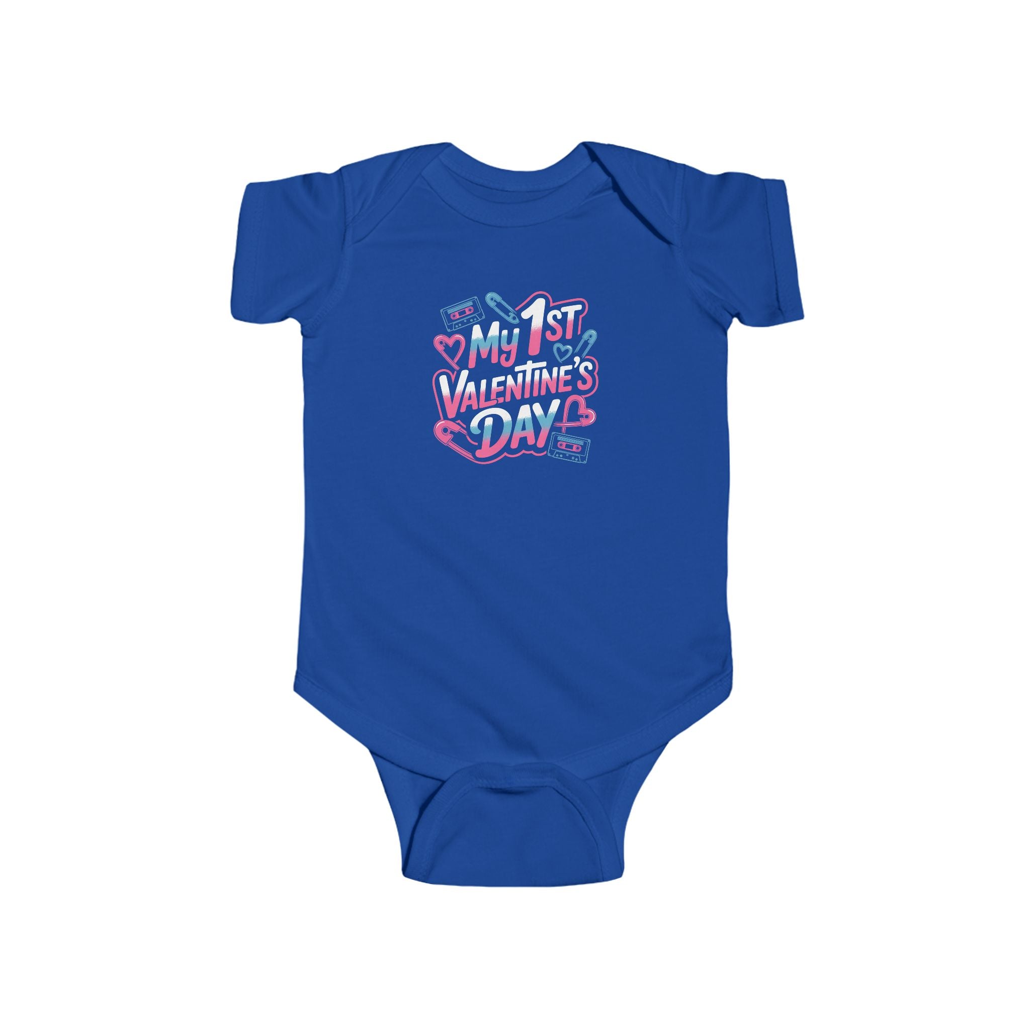 Baby Bodysuit - "My 1st Valentine’s Day" Infant Onesie, Cute Pink & Teal Heart Design for Newborns 80s Design
