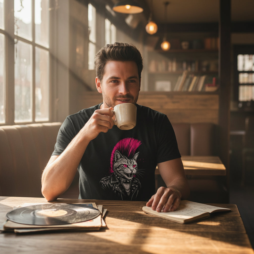 1980s Punk Rocker Cat Tee — Retro Punk Skater Rebel T-Shirt