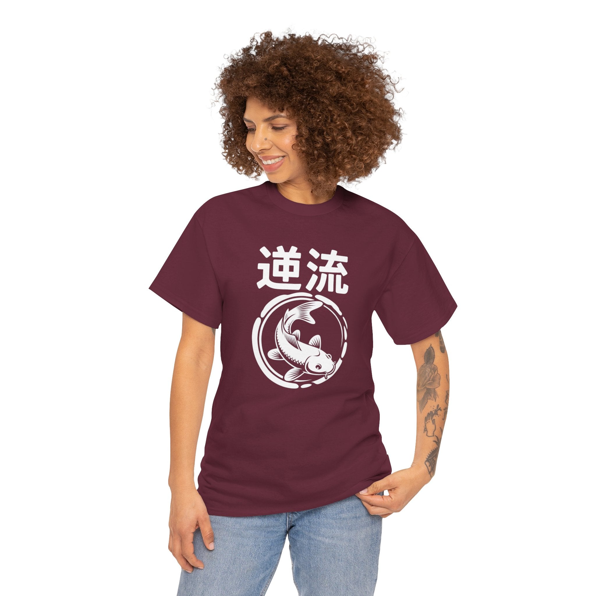 Koi Reverse Flow Tee — Japanese Kanji 逆流 Fish Graphic T-Shirt Retro Style