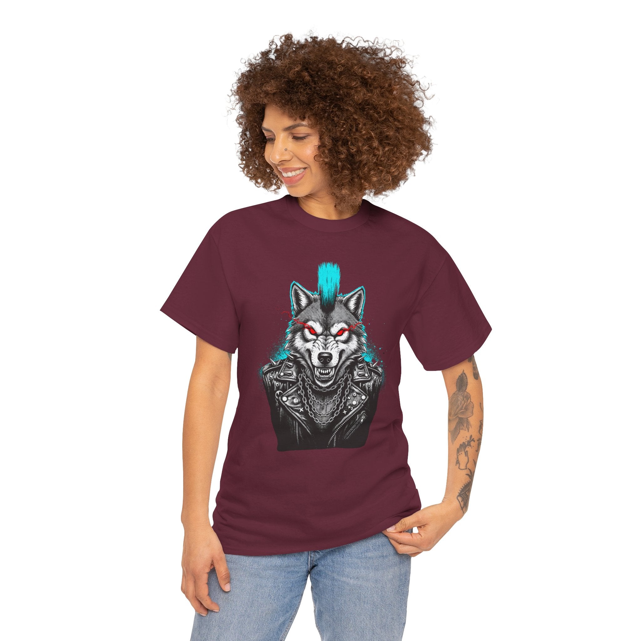 Wolf Punk Graphic Tee — Fierce Tribal Wolf Illustration T-Shirt 80's Rebel Fashion