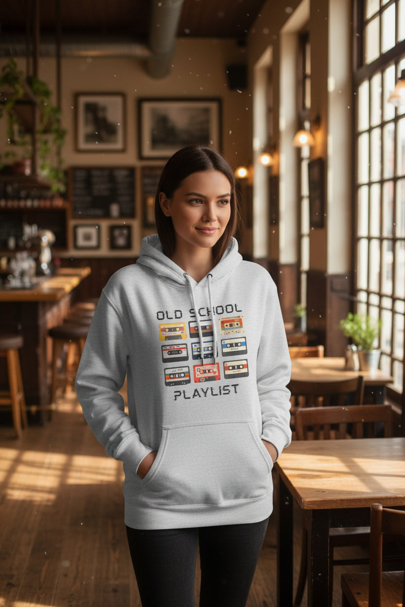 Old School Playlist Hoodie — Retro 80s Cassette Tape Graphic Pullover