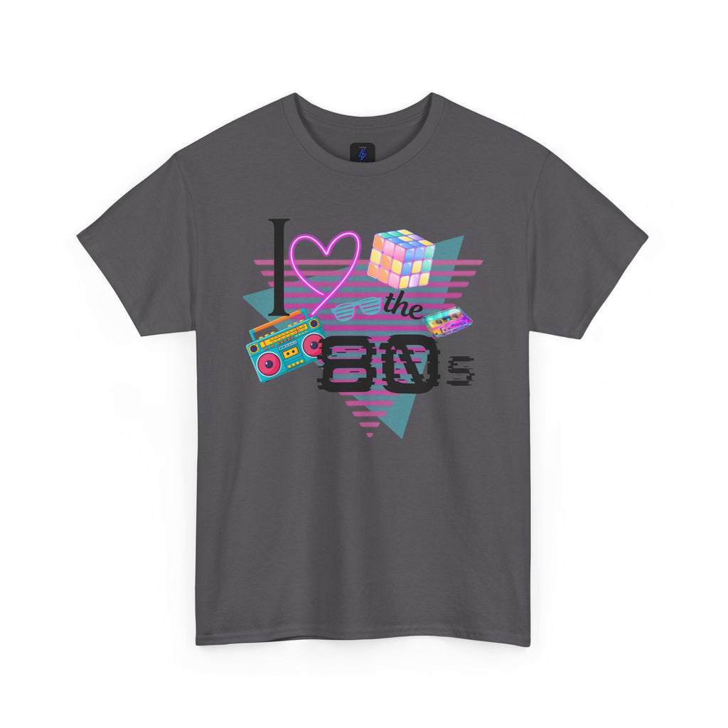 I Love the 80s T-Shirt — Retro Cassette, Rubik’s Cube & Neon Vintage Tee