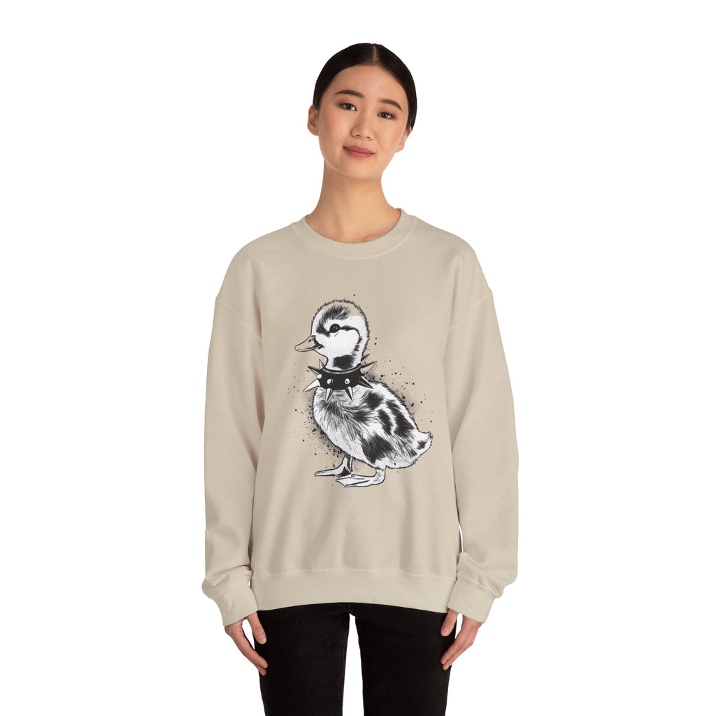 Punk Duckling Sketch Crewneck Sweatshirt — 80s Punk Rock Black & White Duck Illustration
