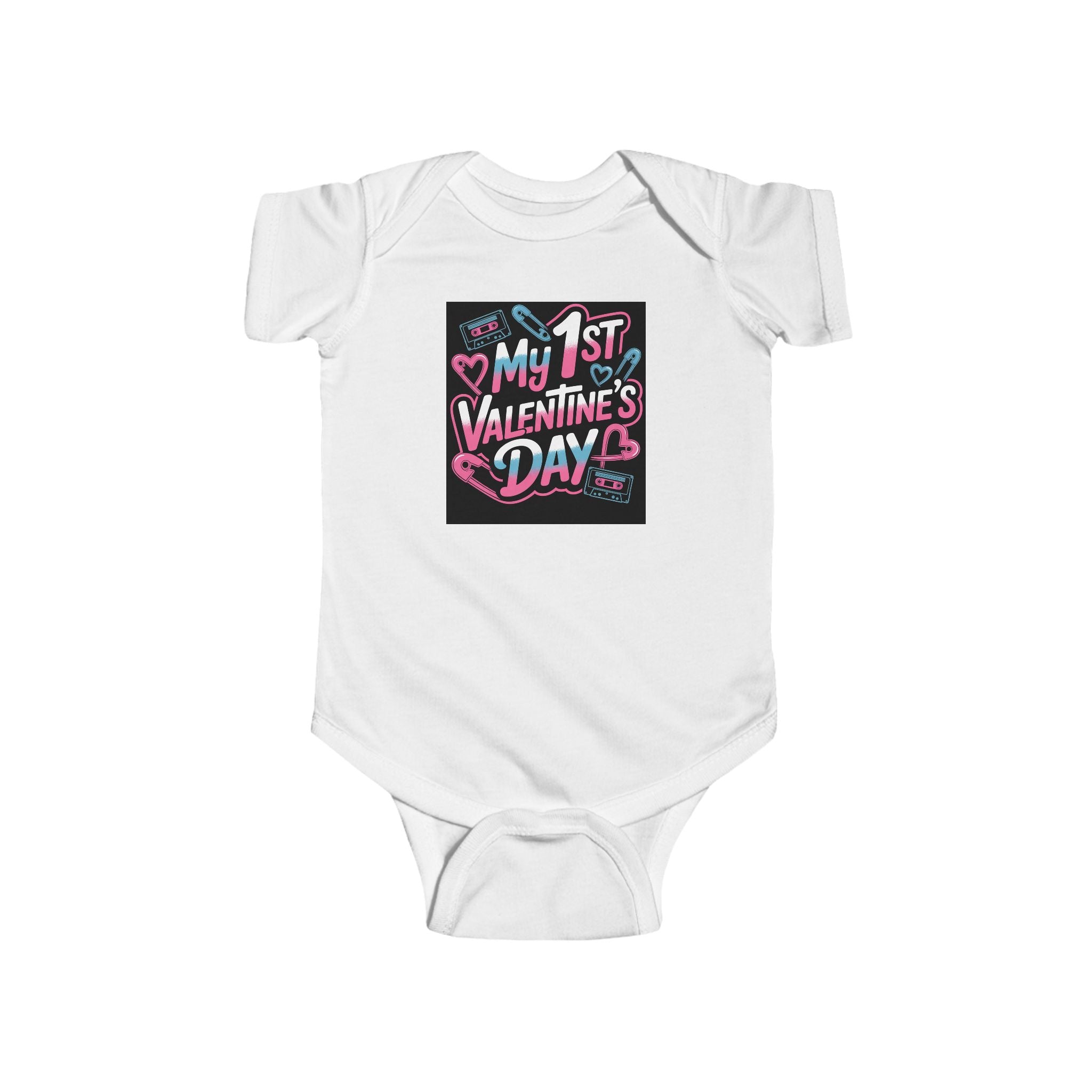 Baby Bodysuit - "My 1st Valentine’s Day" Infant Onesie, Cute Pink & Teal Heart Design for Newborns 80s Design