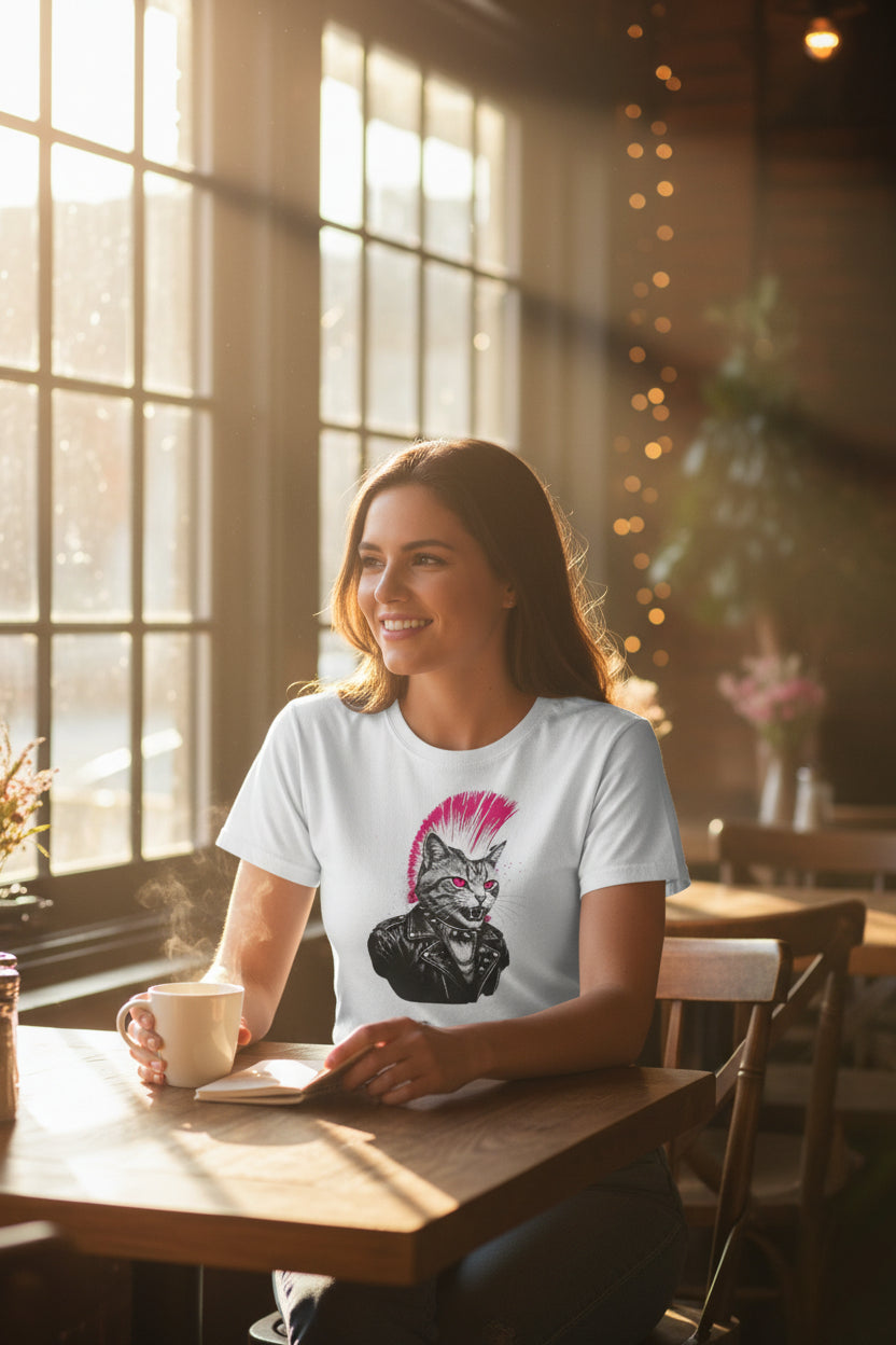 1980s Punk Rocker Cat Tee — Retro Punk Skater Rebel T-Shirt