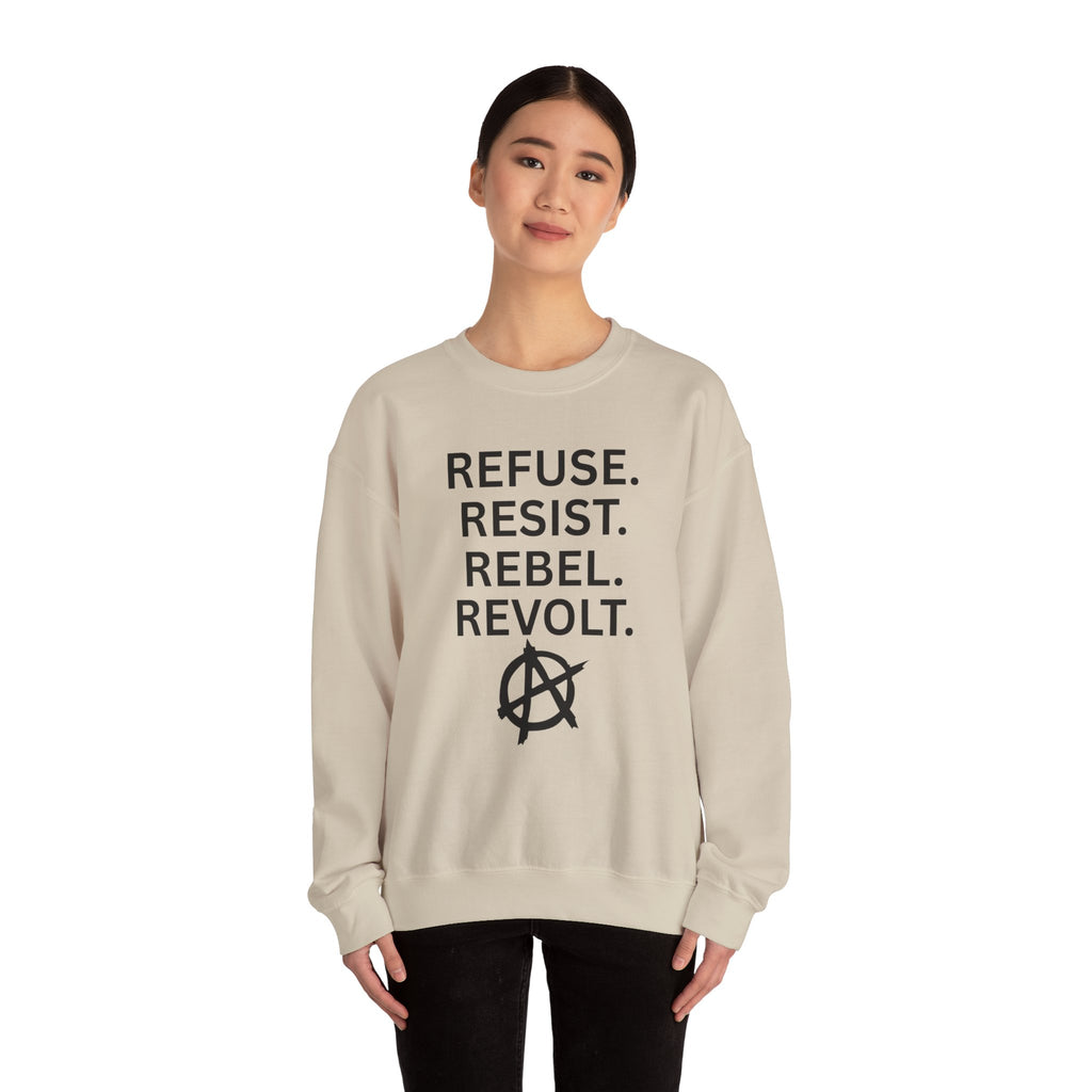 Rebel Protest Sweatshirt — "Refuse. Resist. Rebel. Revolt."  80s Anarchy Graphic Crewneck