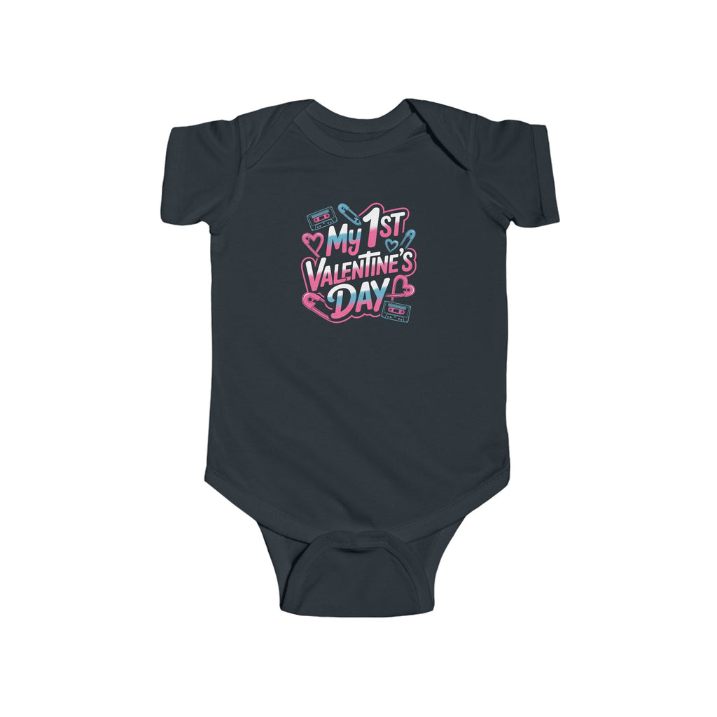 Baby Bodysuit - "My 1st Valentine’s Day" Infant Onesie, Cute Pink & Teal Heart Design for Newborns 80s Design