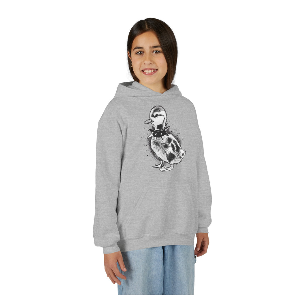 Youth Hoodie with Punk Duckling Illustration — Vintage 80s Punk Baby Duck Graphic Sweatshirt