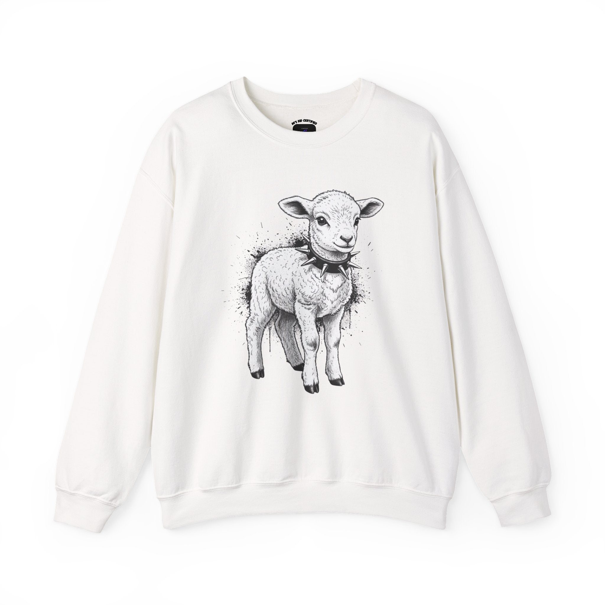 80s Punk Rock Lamb Illustration Crewneck Sweatshirt — Farm Animal Graphic Pullover
