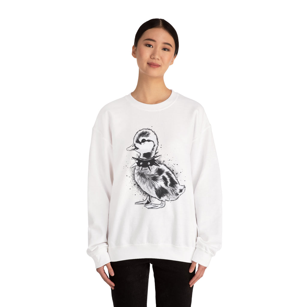 Punk Duckling Sketch Crewneck Sweatshirt — 80s Punk Rock Black & White Duck Illustration