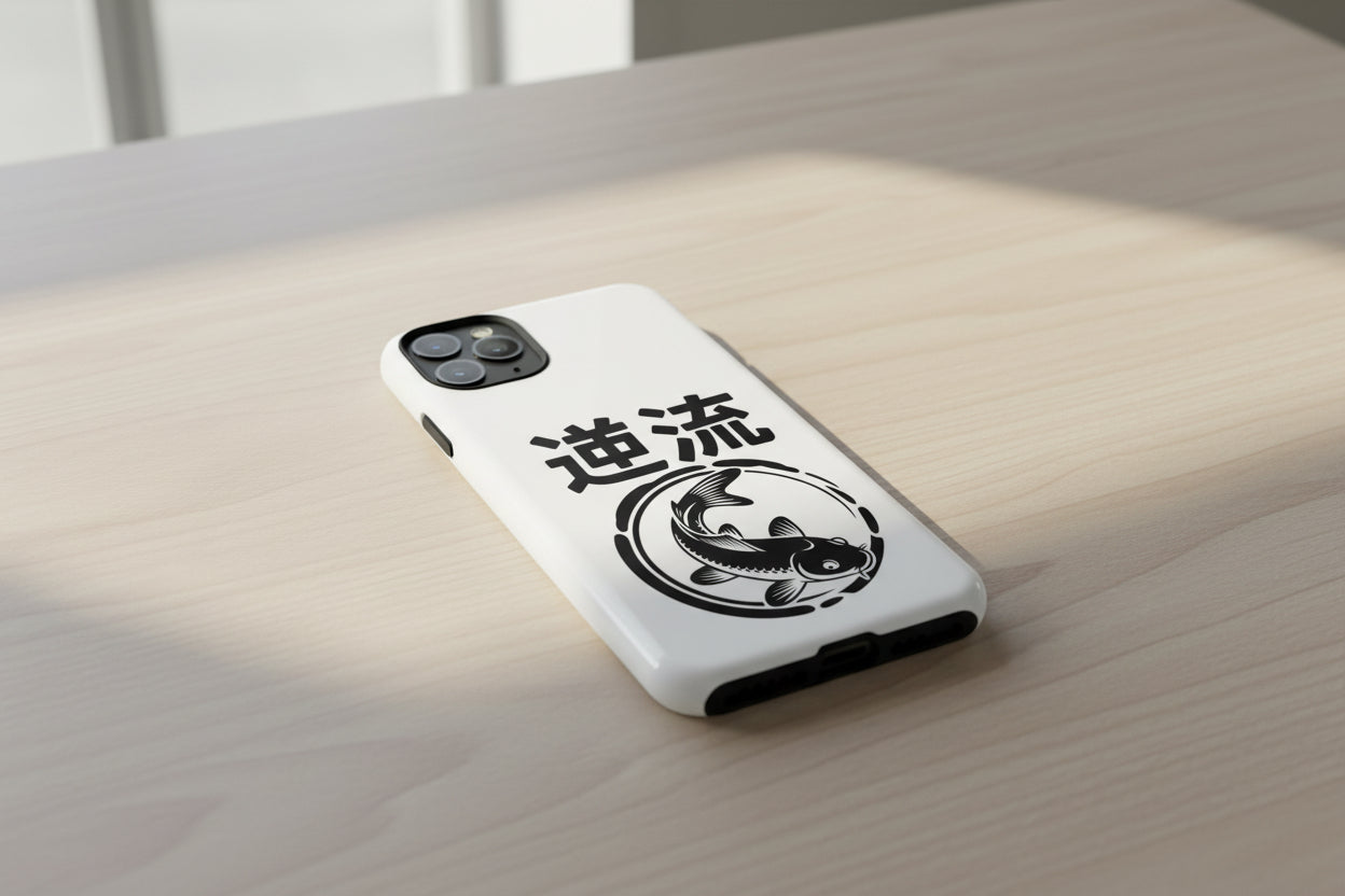 Phone Case — Koi Fish Yin Yang with Japanese Kanji (逆流) — Tough Protective Cover 80s Design