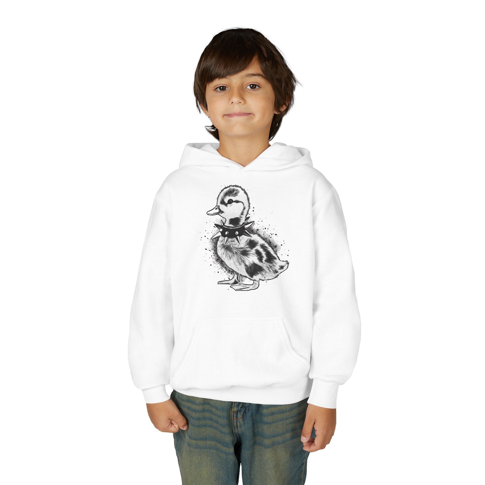 Youth Hoodie with Punk Duckling Illustration — Vintage 80s Punk Baby Duck Graphic Sweatshirt