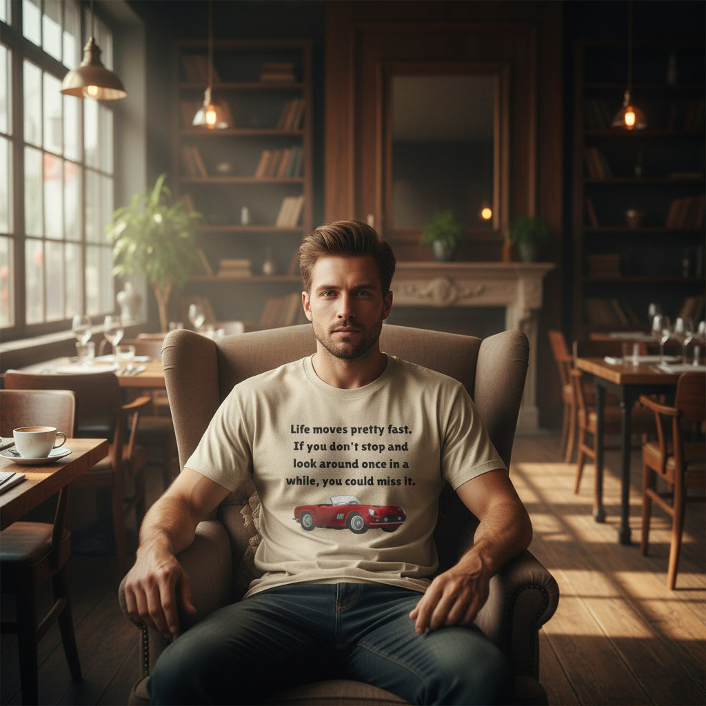 Life Moves Pretty Fast Tee — Vintage Red Sports Car Quote T-Shirt 80's Retro Fashion