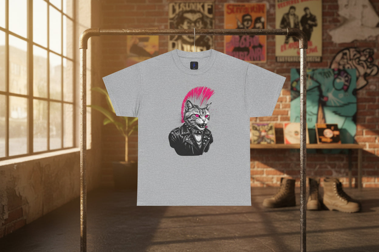 1980s Punk Rocker Cat Tee — Retro Punk Skater Rebel T-Shirt