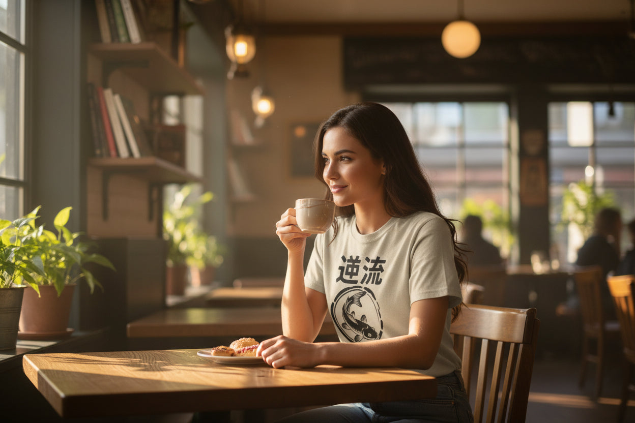 Koi Reverse Flow Tee — Japanese Kanji 逆流 Fish Graphic T-Shirt Retro Style