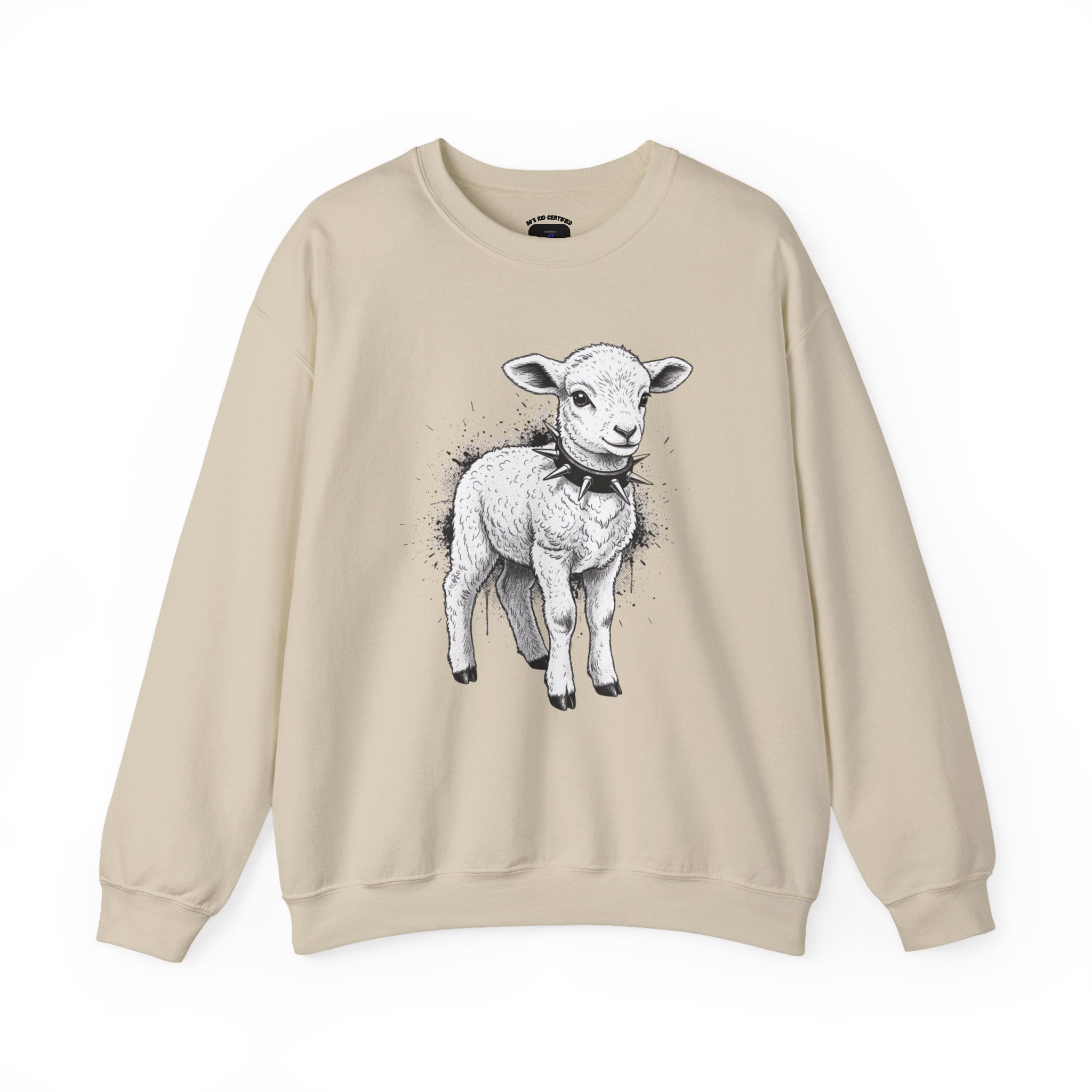 80s Punk Rock Lamb Illustration Crewneck Sweatshirt — Farm Animal Graphic Pullover