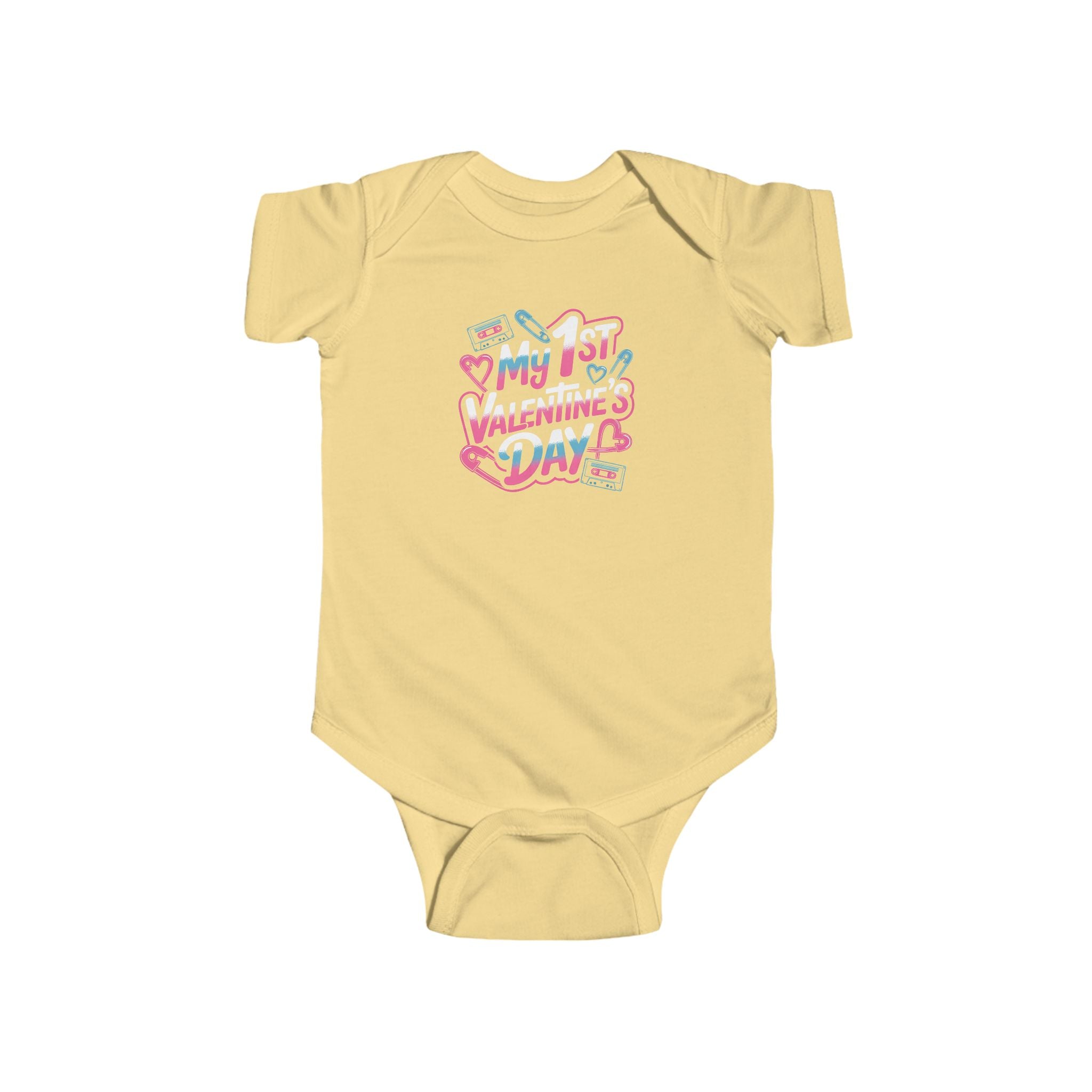 Baby Bodysuit - "My 1st Valentine’s Day" Infant Onesie, Cute Pink & Teal Heart Design for Newborns 80s Design