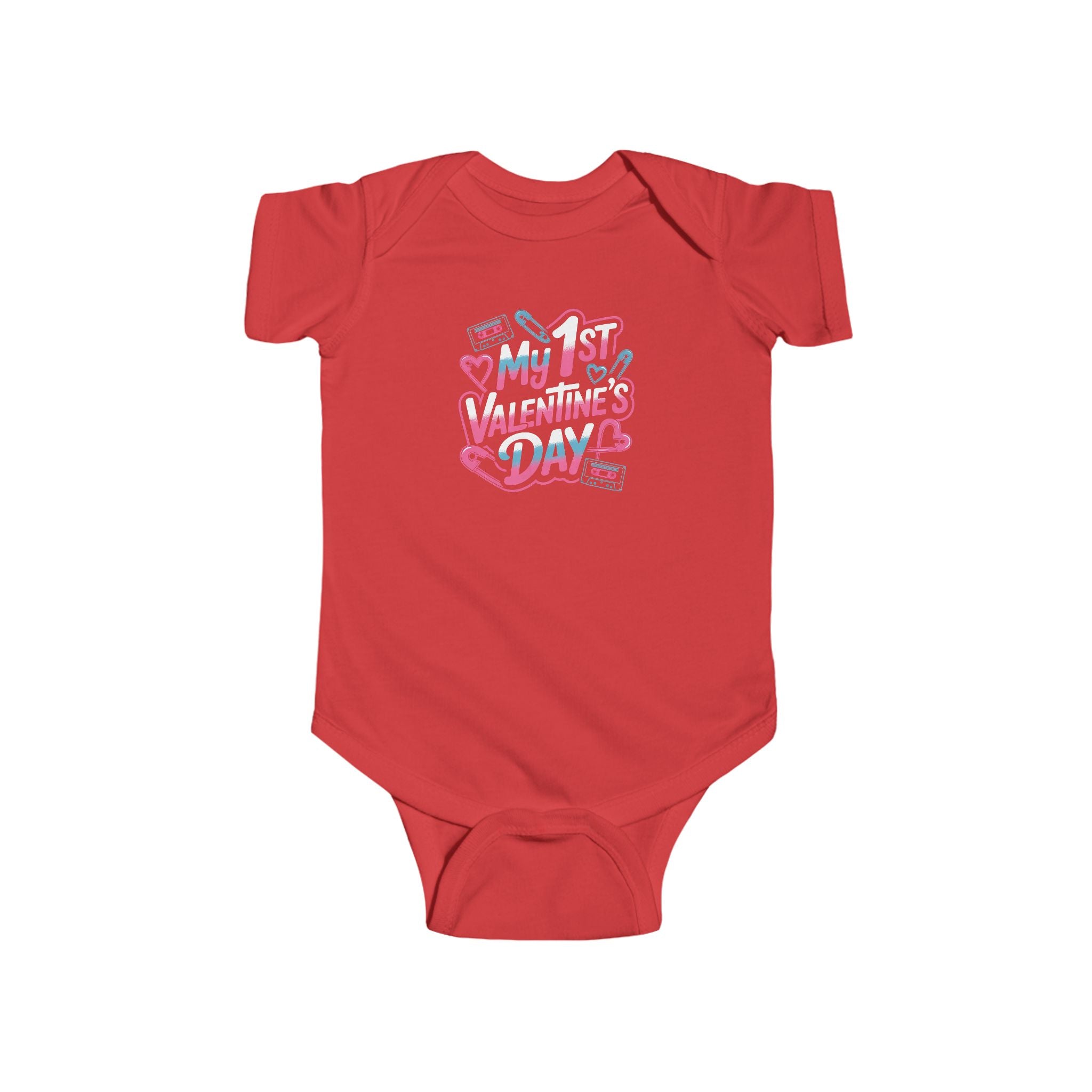 Baby Bodysuit - "My 1st Valentine’s Day" Infant Onesie, Cute Pink & Teal Heart Design for Newborns 80s Design