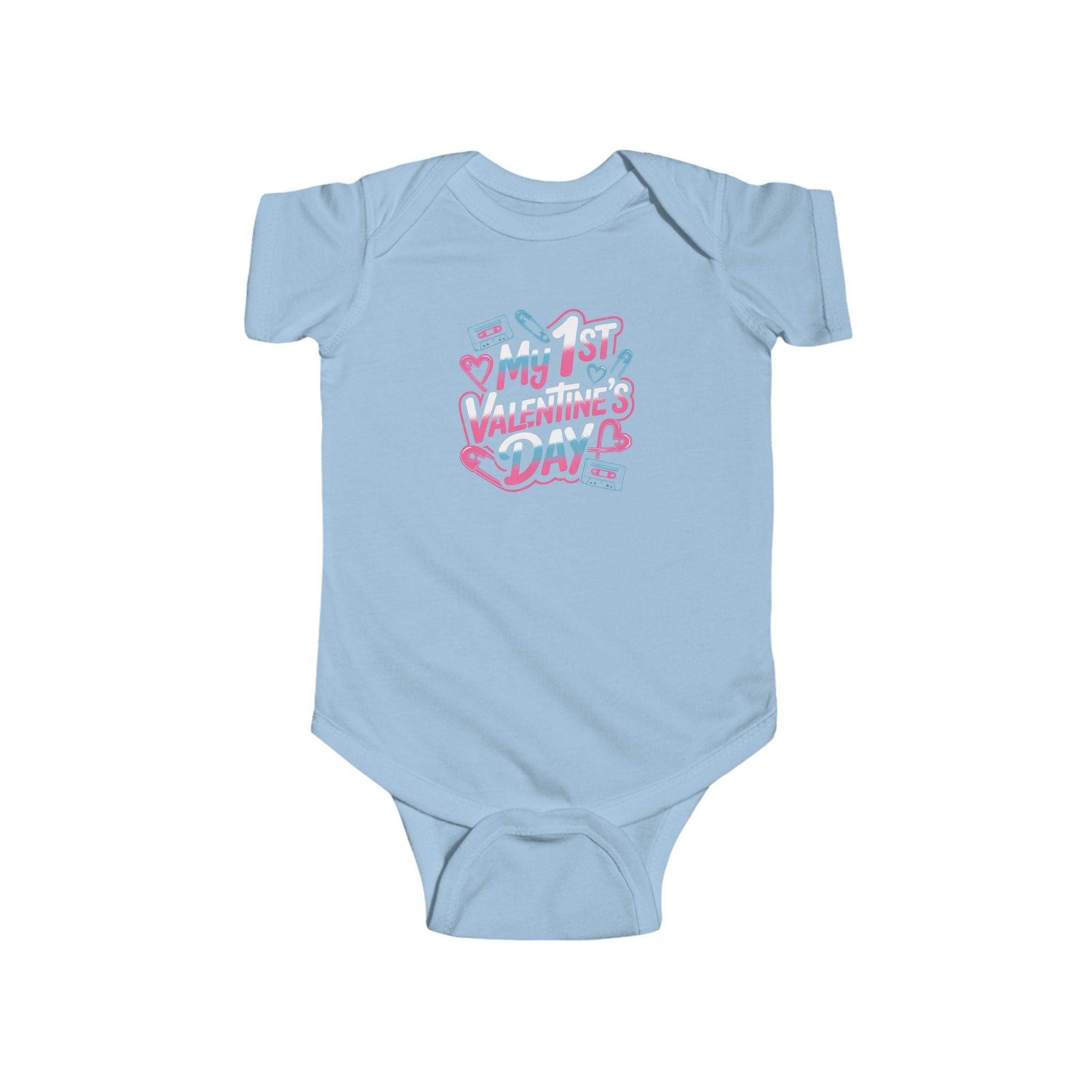 Baby Bodysuit - "My 1st Valentine’s Day" Infant Onesie, Cute Pink & Teal Heart Design for Newborns 80s Design