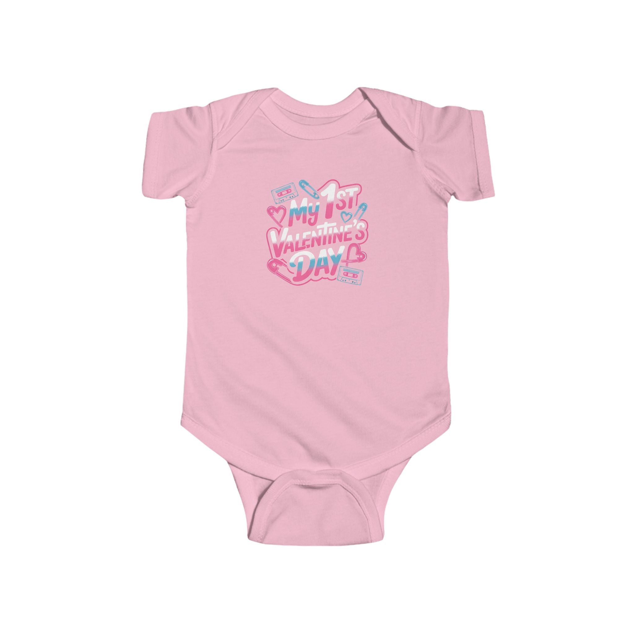 Baby Bodysuit - "My 1st Valentine’s Day" Infant Onesie, Cute Pink & Teal Heart Design for Newborns 80s Design