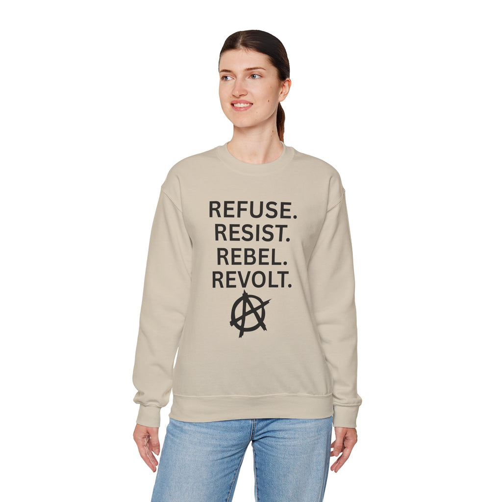Rebel Protest Sweatshirt — "Refuse. Resist. Rebel. Revolt."  80s Anarchy Graphic Crewneck