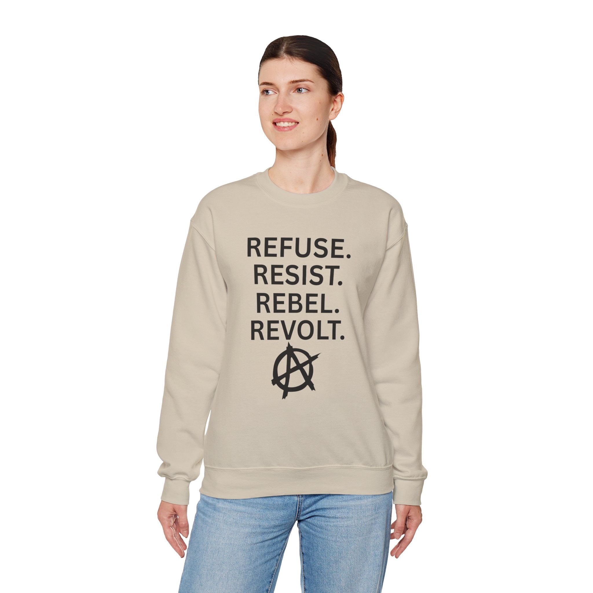 Rebel Protest Sweatshirt — "Refuse. Resist. Rebel. Revolt."  80s Anarchy Graphic Crewneck